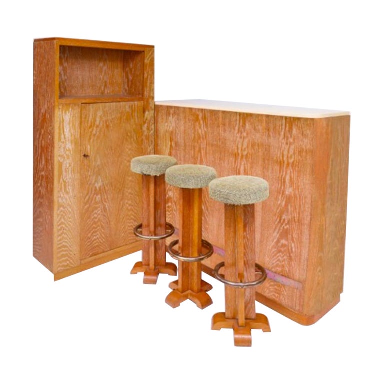 French Cerused Art Deco Style Oak Bar with Bar stools For Sale at