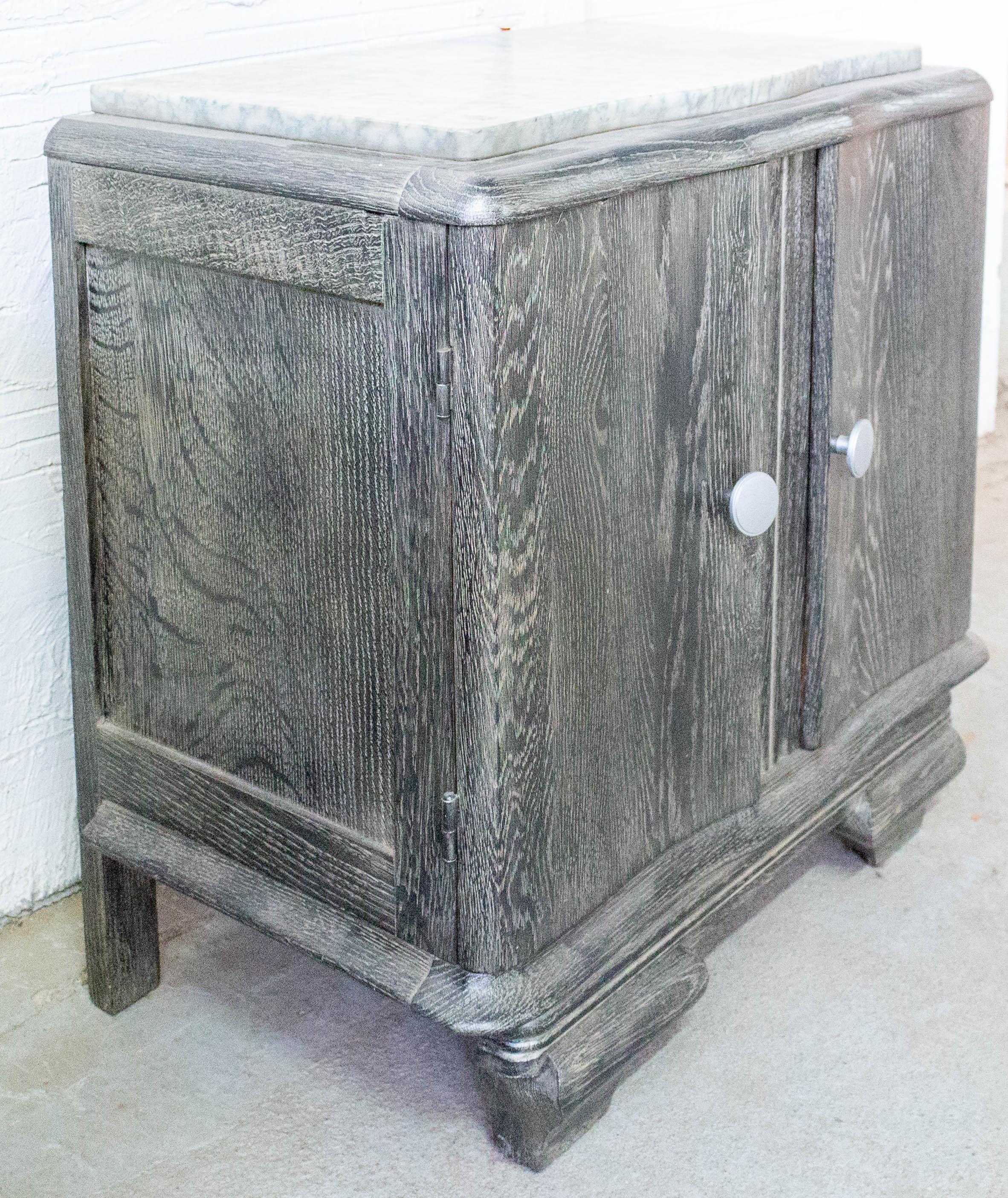 French Cerused Nightstand Side Cabinet Bedside Table Marble Top, 1940 In Good Condition For Sale In Labrit, Landes