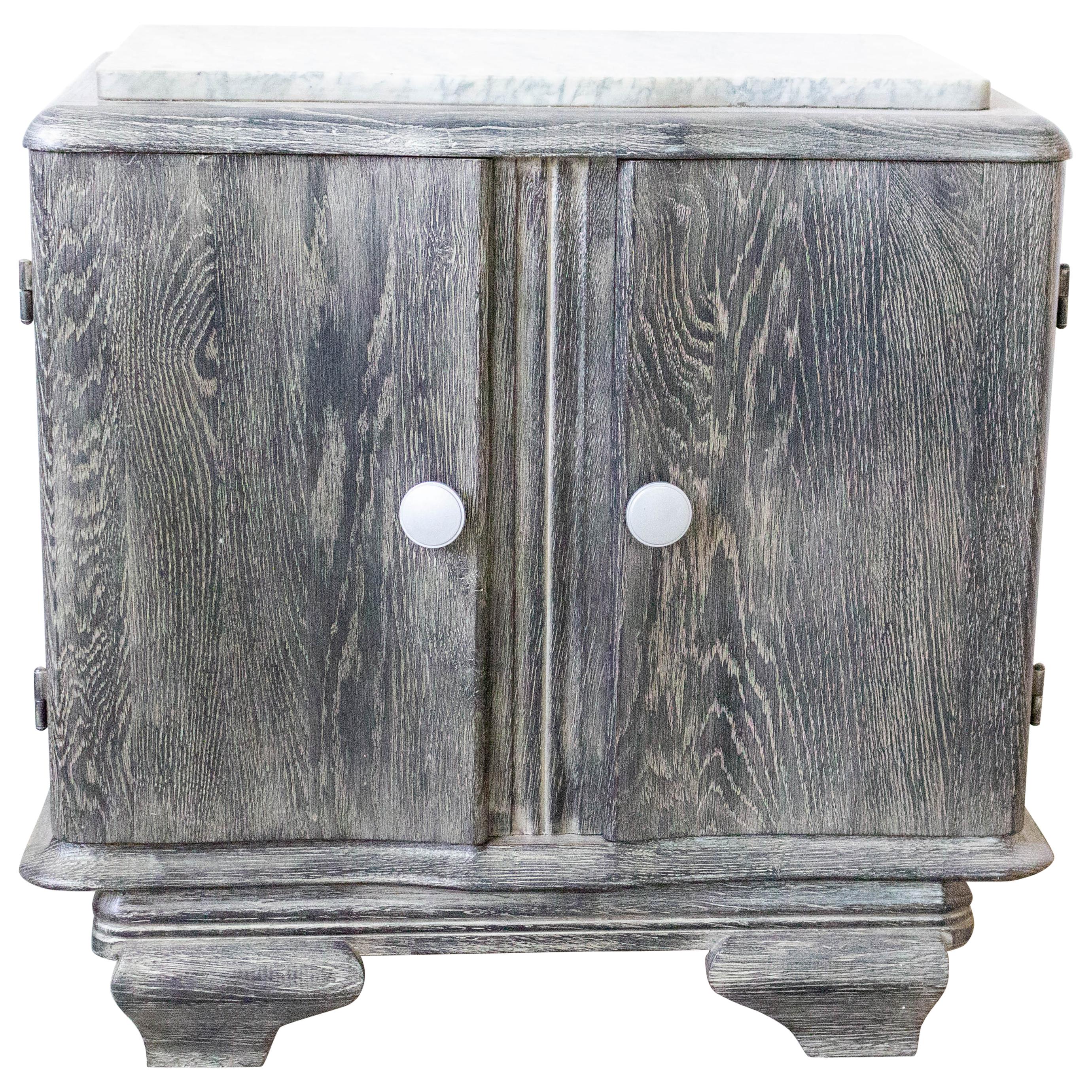 French Cerused Nightstand Side Cabinet Bedside Table Marble Top, 1940