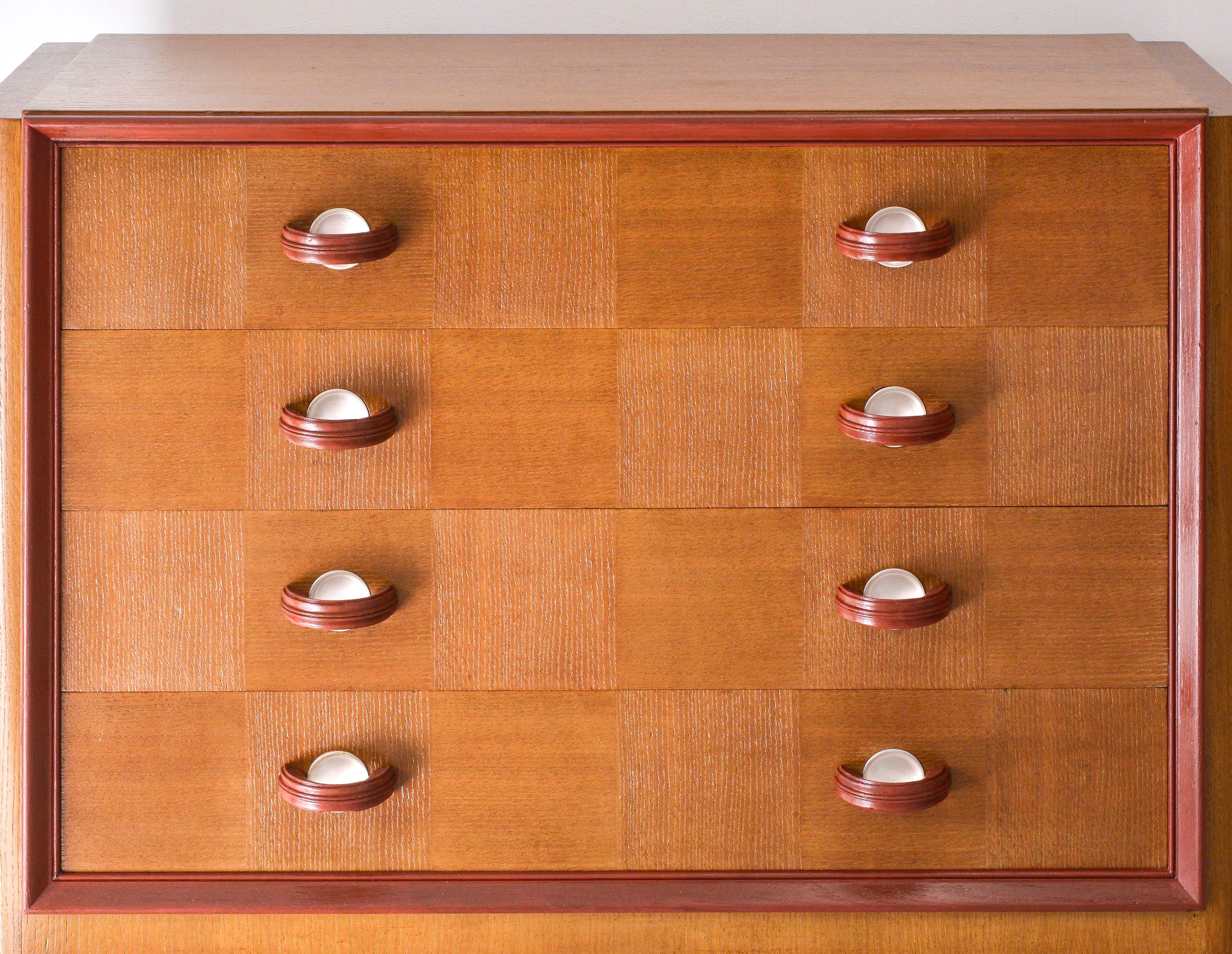 1940s French Cerused Golden Oak Checkerboard Cabinet in the Style of Dupré-Lafon 2