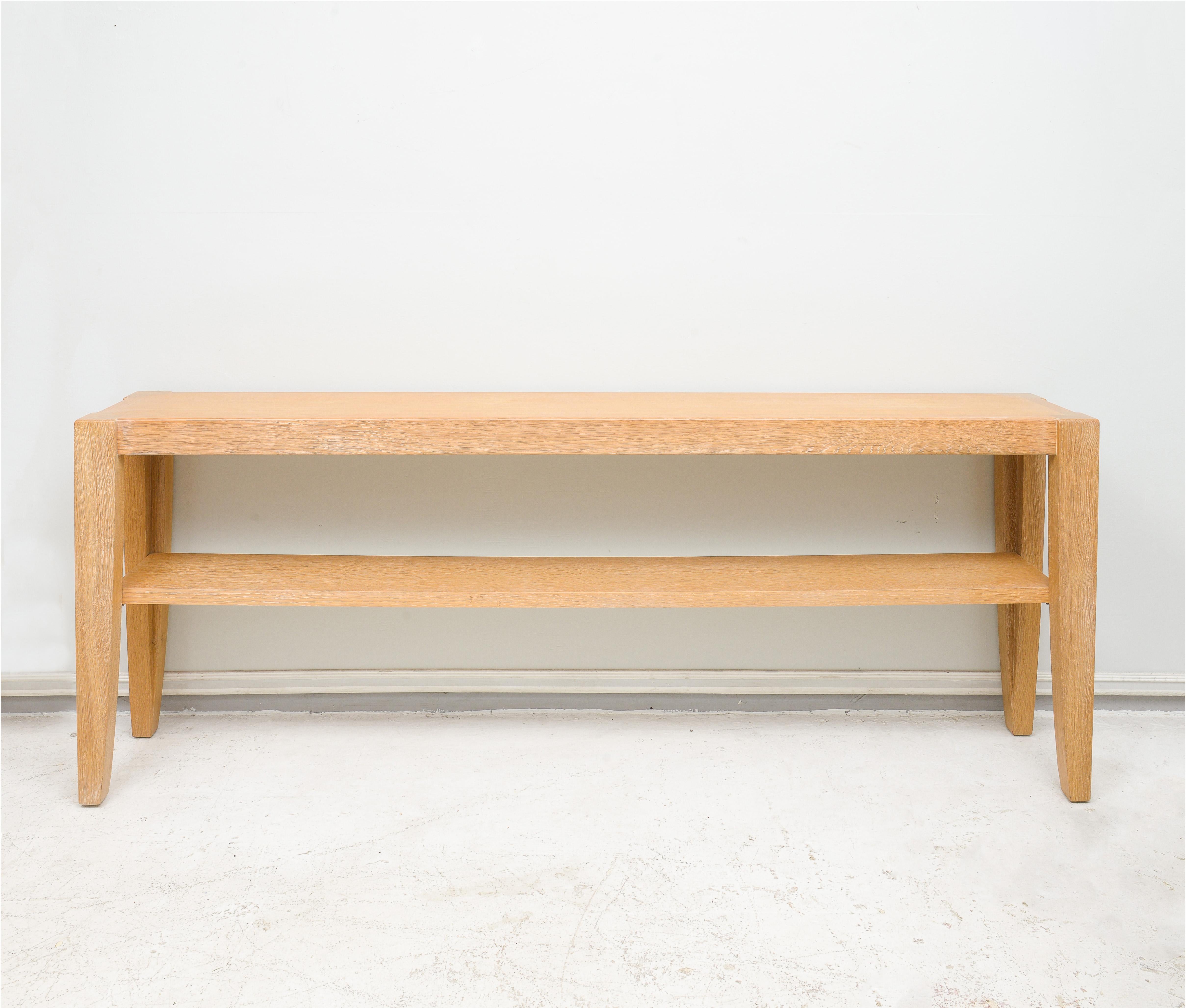 French contemporary cerused oak console - finely handcrafted in solid oak with shelf.