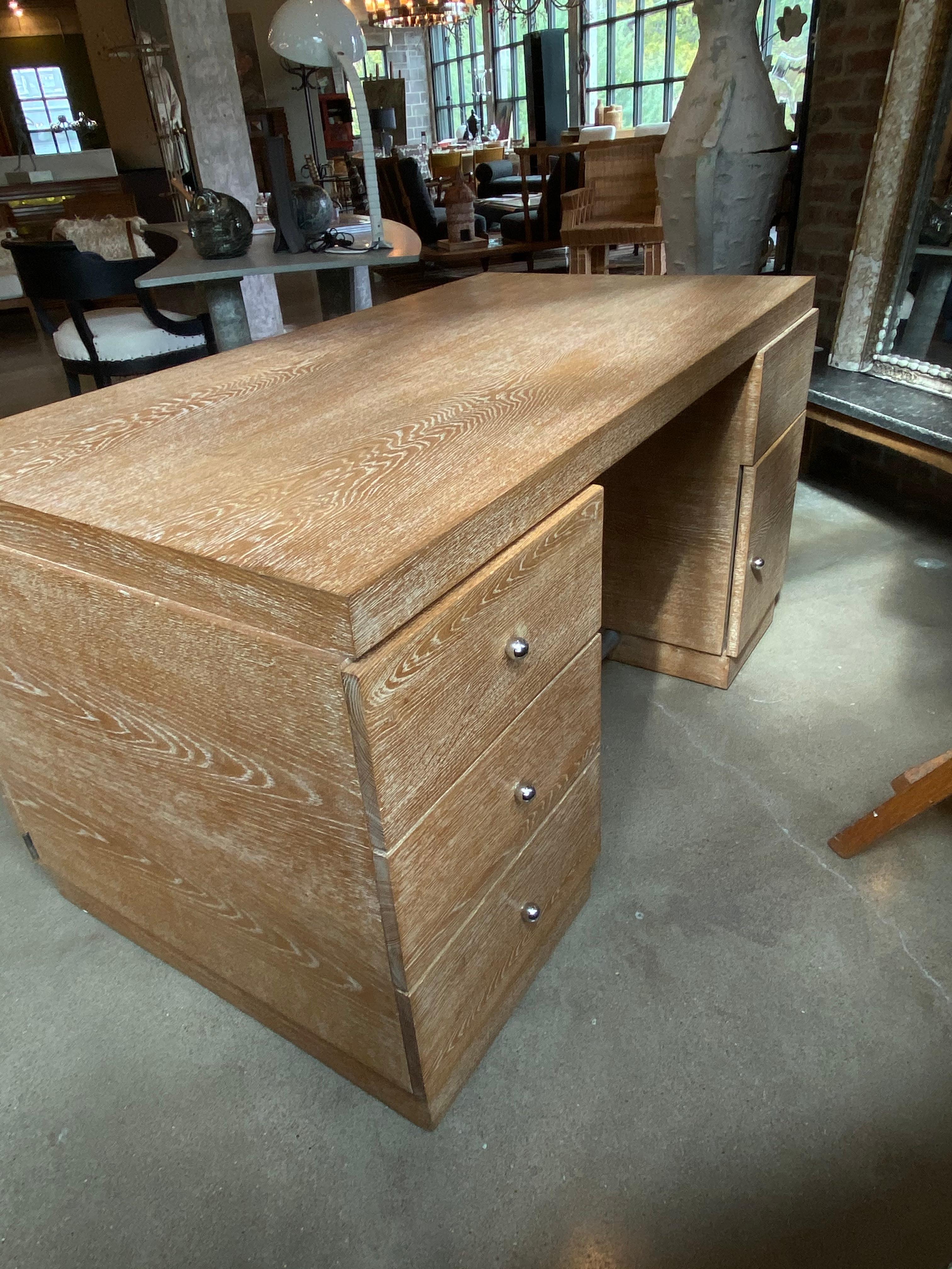 French Cerused Oak Desk, Manner of Jacques Adnet, France, 1940s In Good Condition In Austin, TX