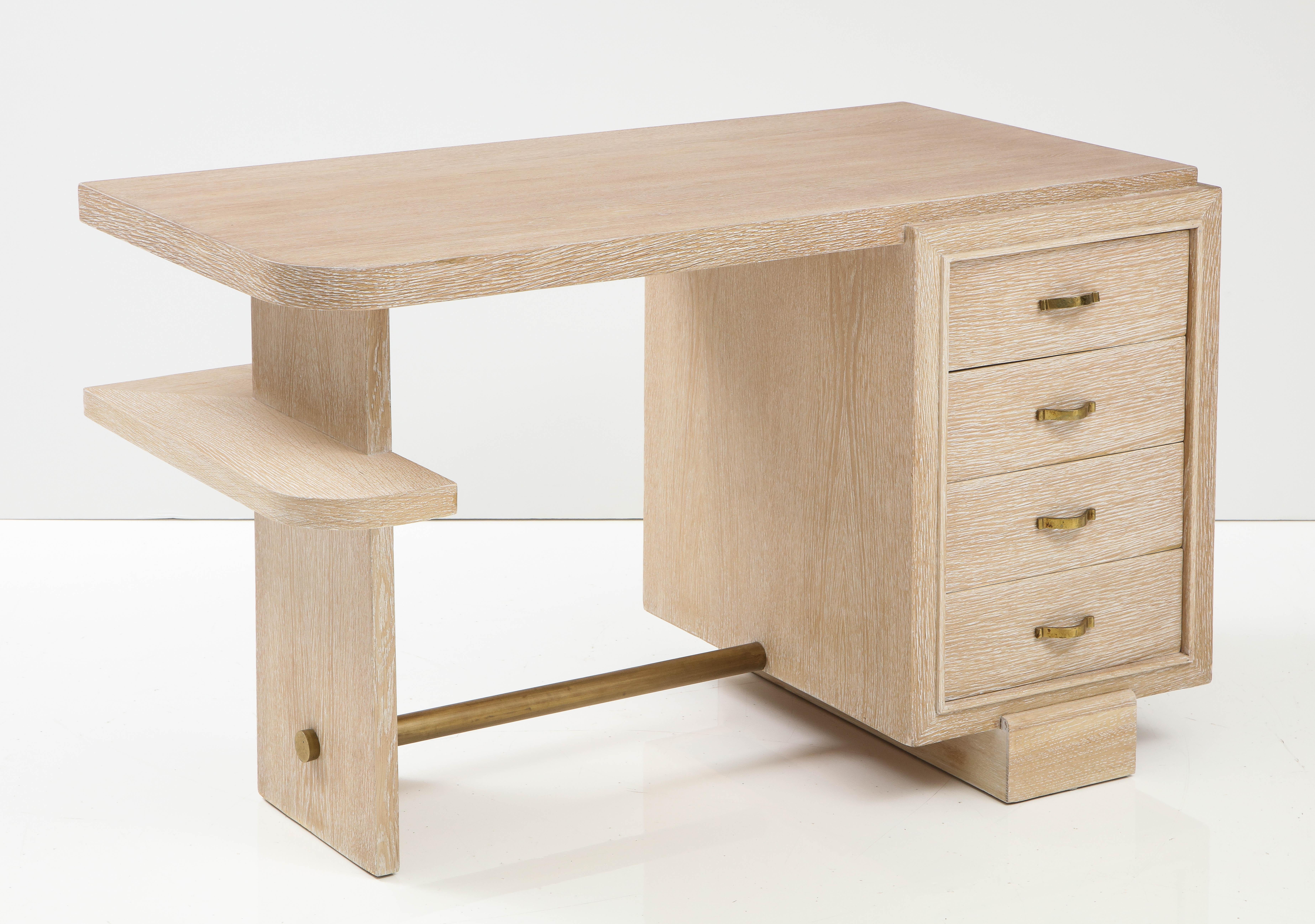 Mid-20th Century French Cerused Oak Desk with Bronze Hardware, 1940's