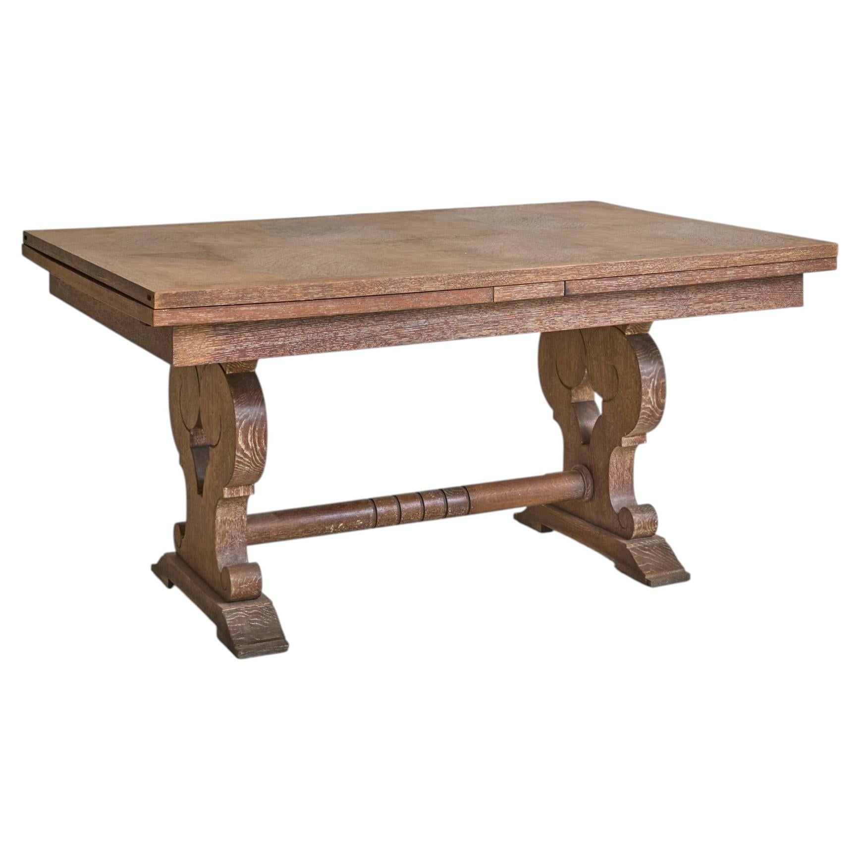 Table de salle à manger à rallonge en chêne cérusé, années 1940
