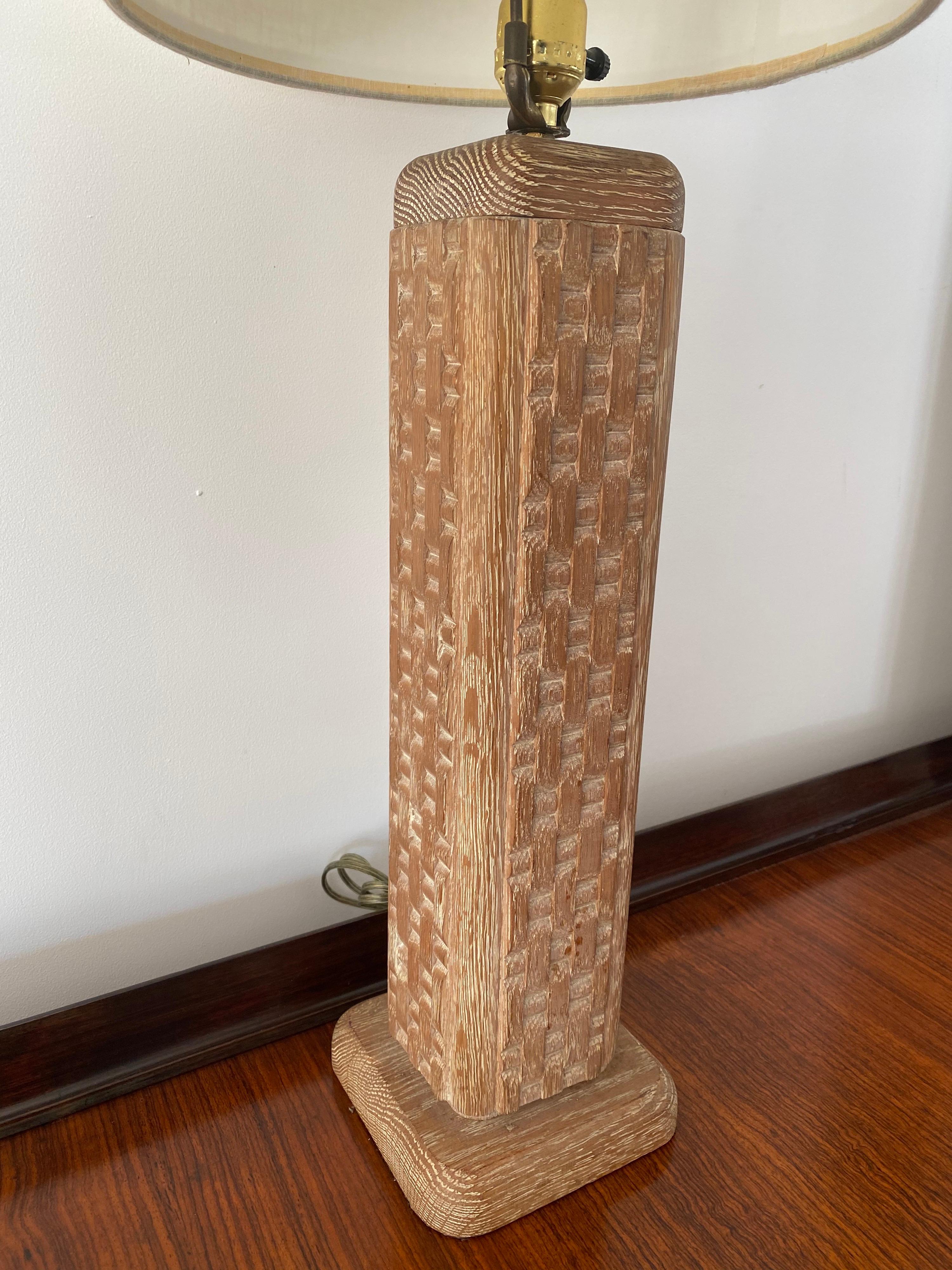 A French square cerused oak table lamp. Includes coordinating harp and finial.

Shade for display only. Lamp measures 34.5