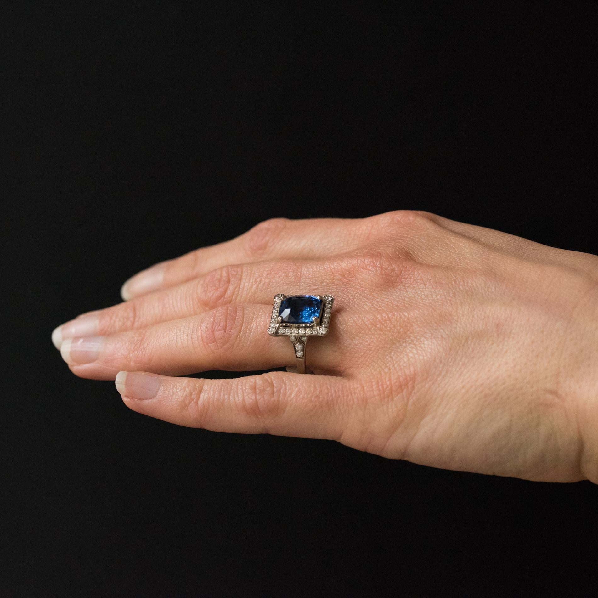 Franzsischer 5 Karat Ceylon-Saphir-Diamant-Ring aus 18 Karat Weigold im Art dco-Stil Damen im Angebot