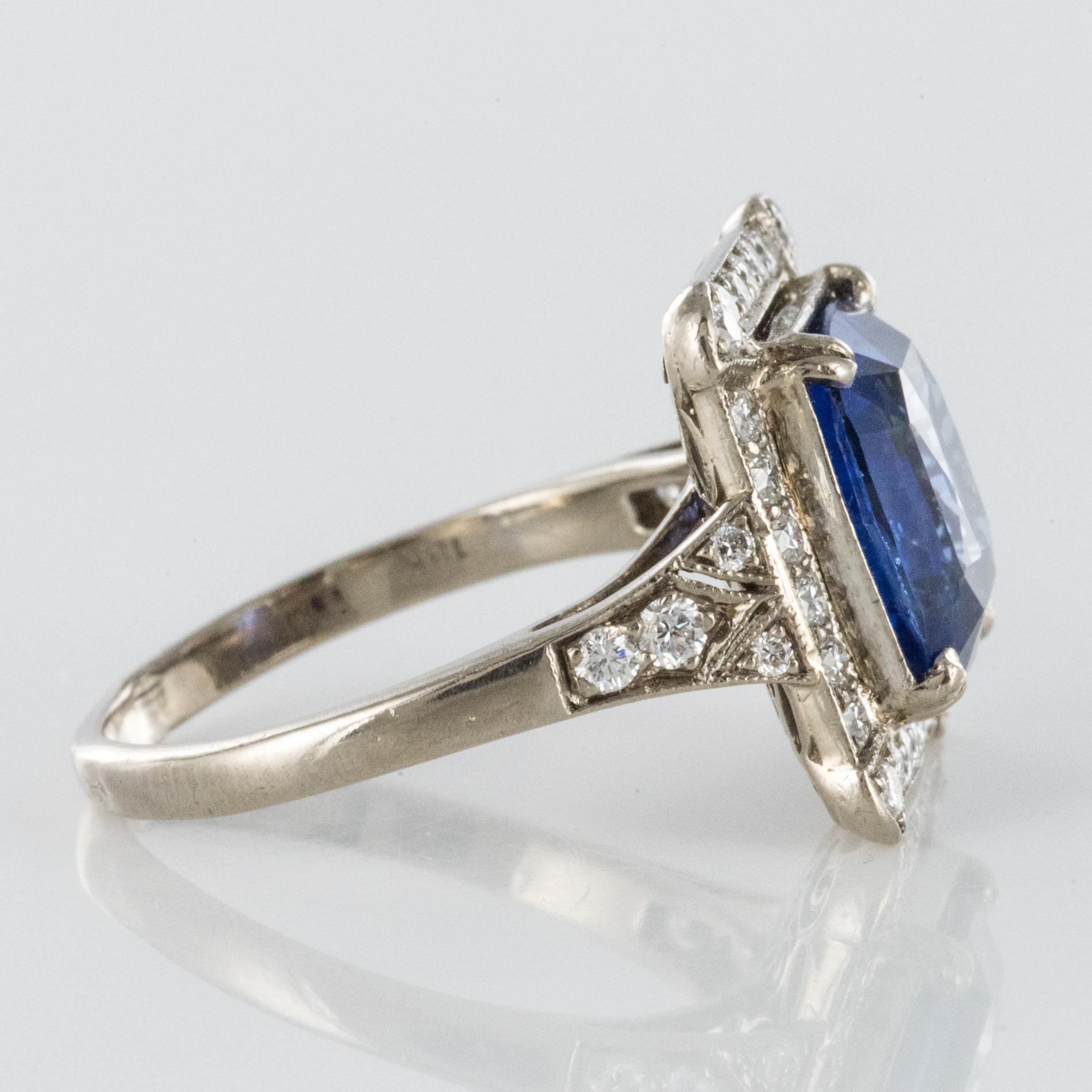 Art Deco Style French 5 Carat Ceylon Sapphire Diamond 18 Karat White Gold Ring For Sale 5