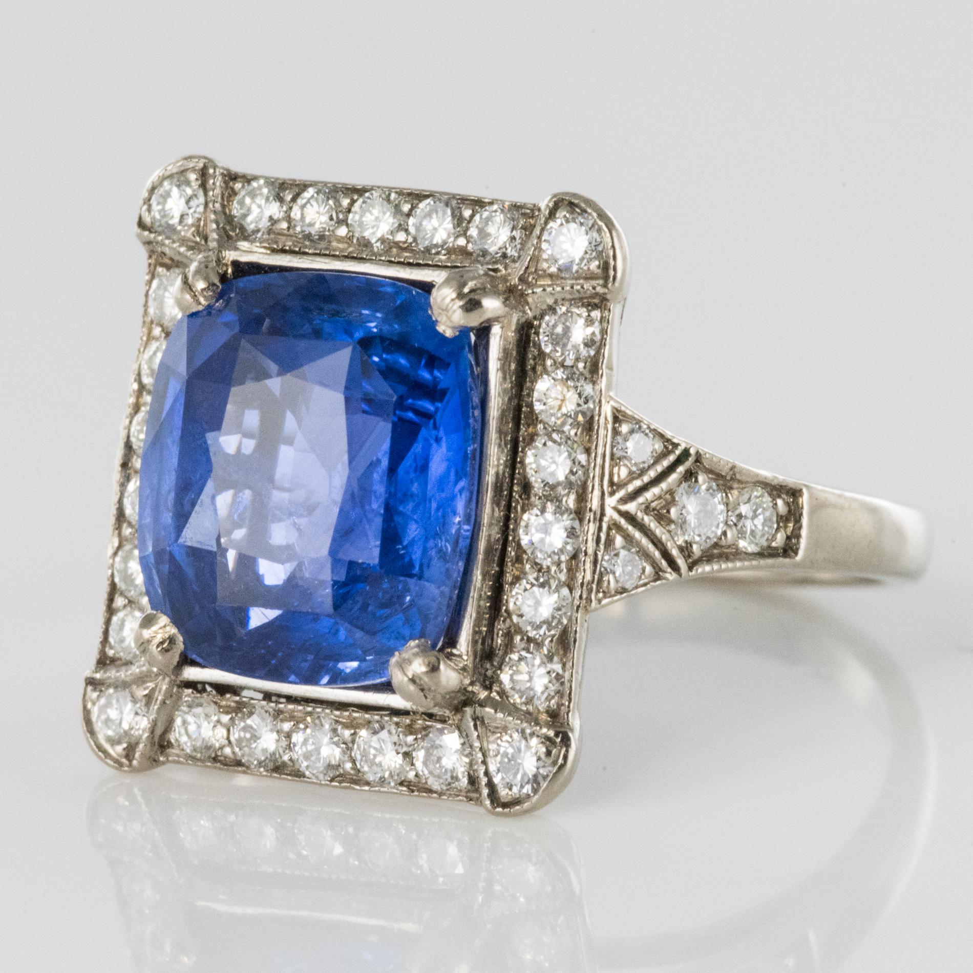 Art Deco Style French 5 Carat Ceylon Sapphire Diamond 18 Karat White Gold Ring For Sale 8