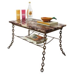 French Chain Link Coffee Table in Gilt Wrought Iron and Marble Top, Brutalist