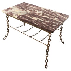 French Chain Link Coffee Table in Gilt Wrought Iron and Marble Top, Brutalist