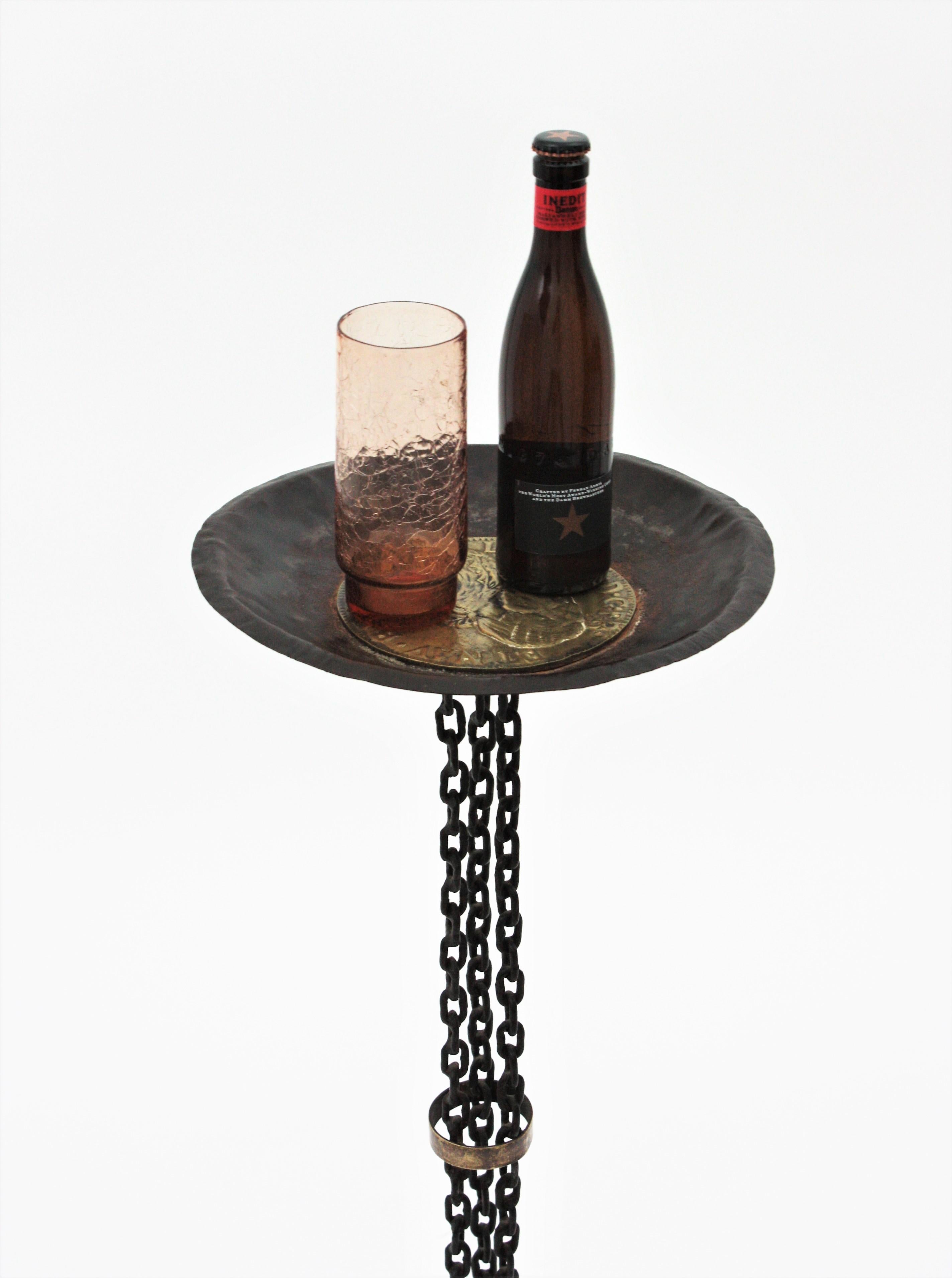 Forged French Chain Link Gueridon Drinks Table or Side Table in Iron and Brass