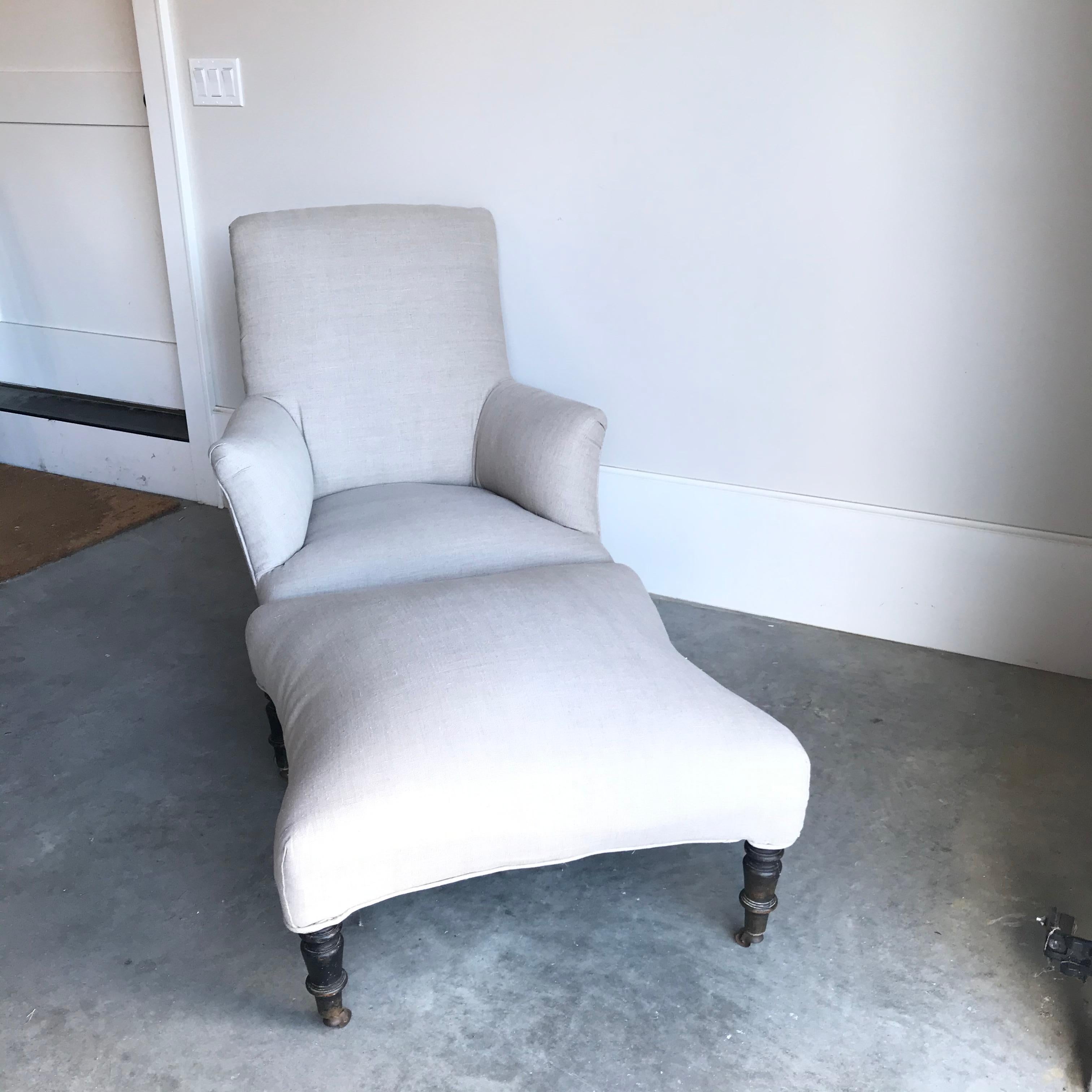 A 19th century French chair and ottoman set. Curved ottoman fits into chair seat to create a chaise lounge. New French linen upholstery.
#4265 

Measures: ottoman 17