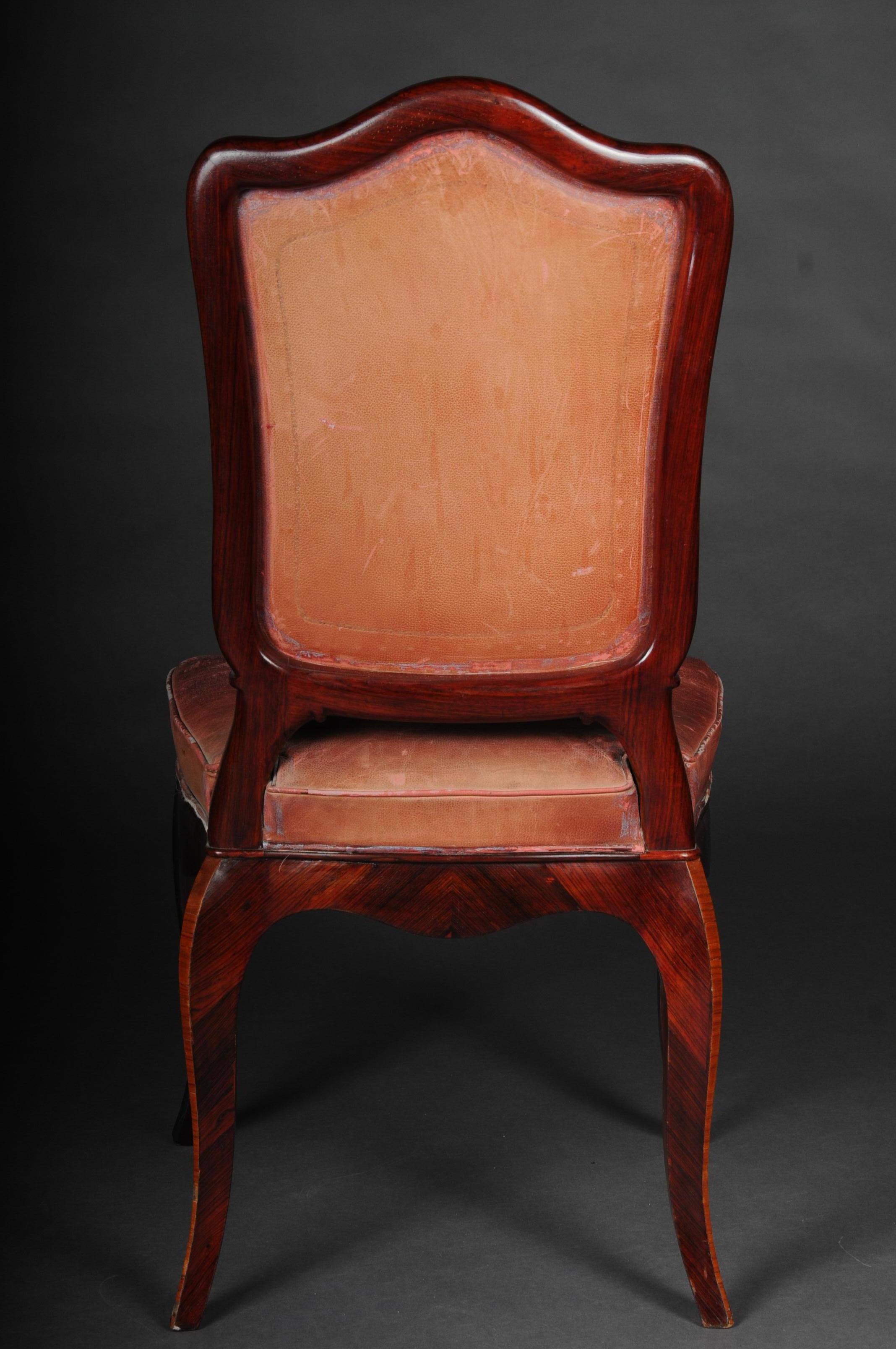 Chaise française Louis Quinze en placage de tulipe recouverte de cuir, datant d'environ 1890 en vente 4