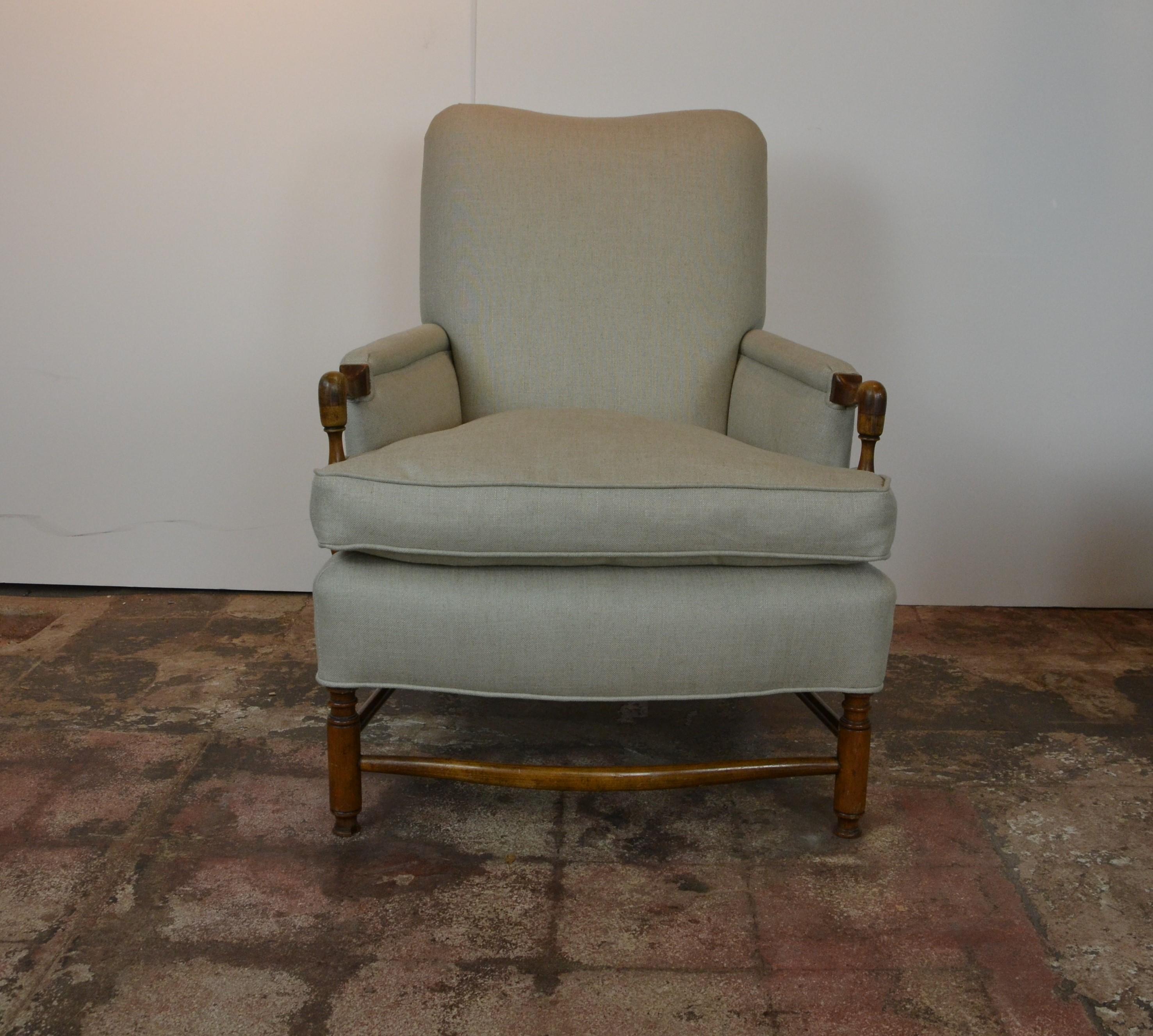 French chair with matching ottoman. Newly upholstered in linen. Measures: Ottoman 25