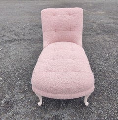 French Chaise Lounge Upholstered in Blush Pink Boucle Fabric Draper Style