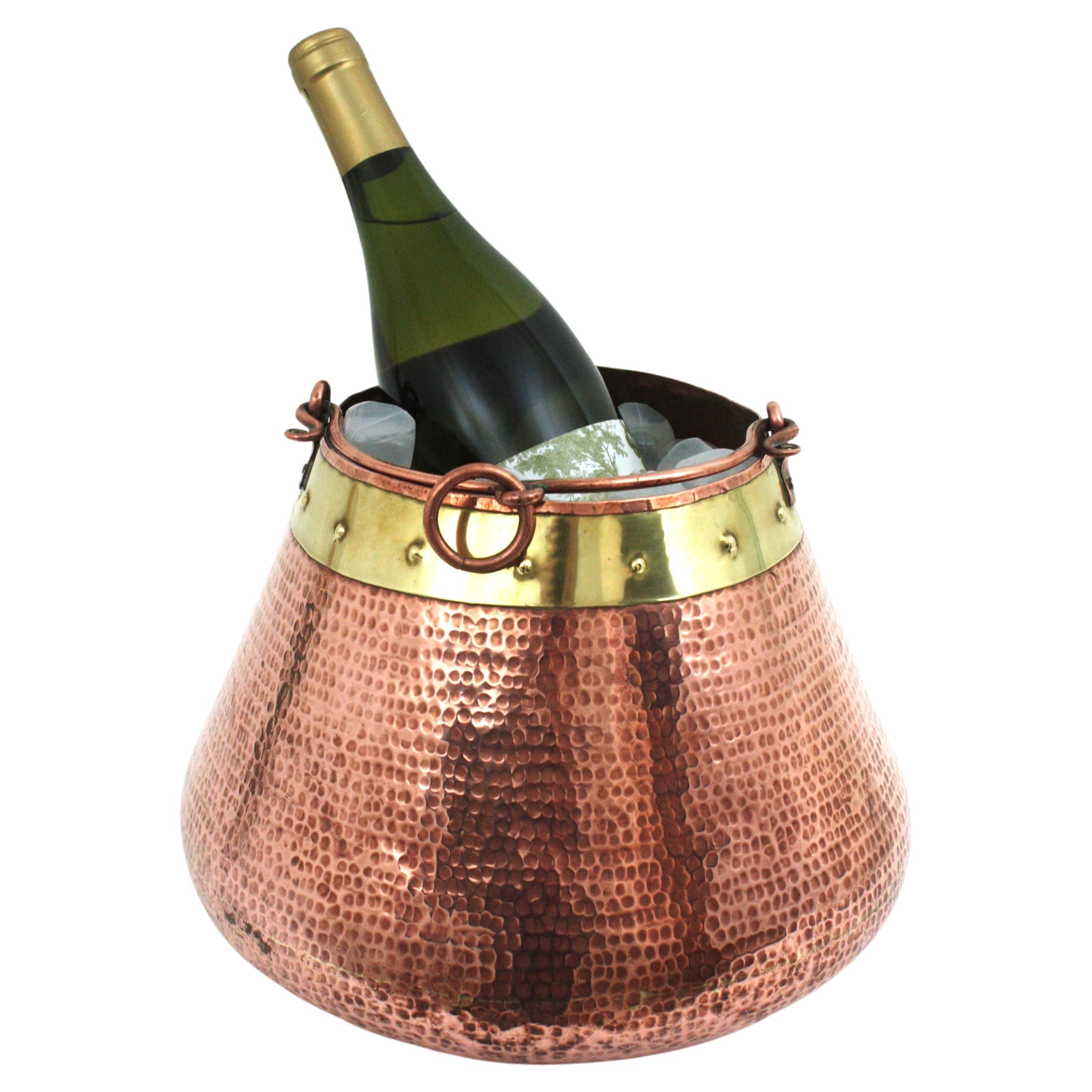 French Provincial French Champagne Cooler Ice Bucket with Single Handle, Copper and Brass For Sale