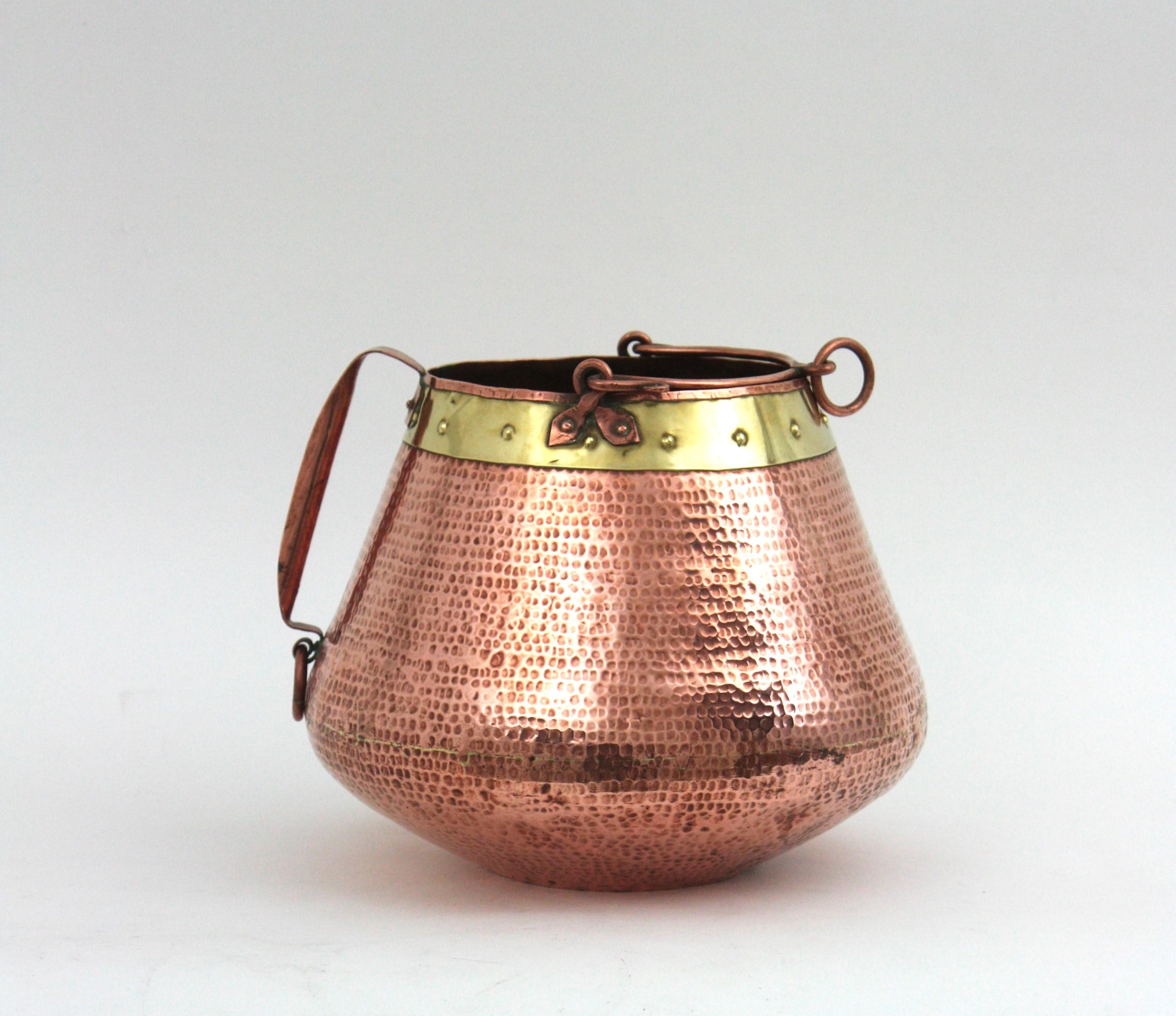 Forged French Champagne Cooler Ice Bucket with Single Handle, Copper and Brass For Sale