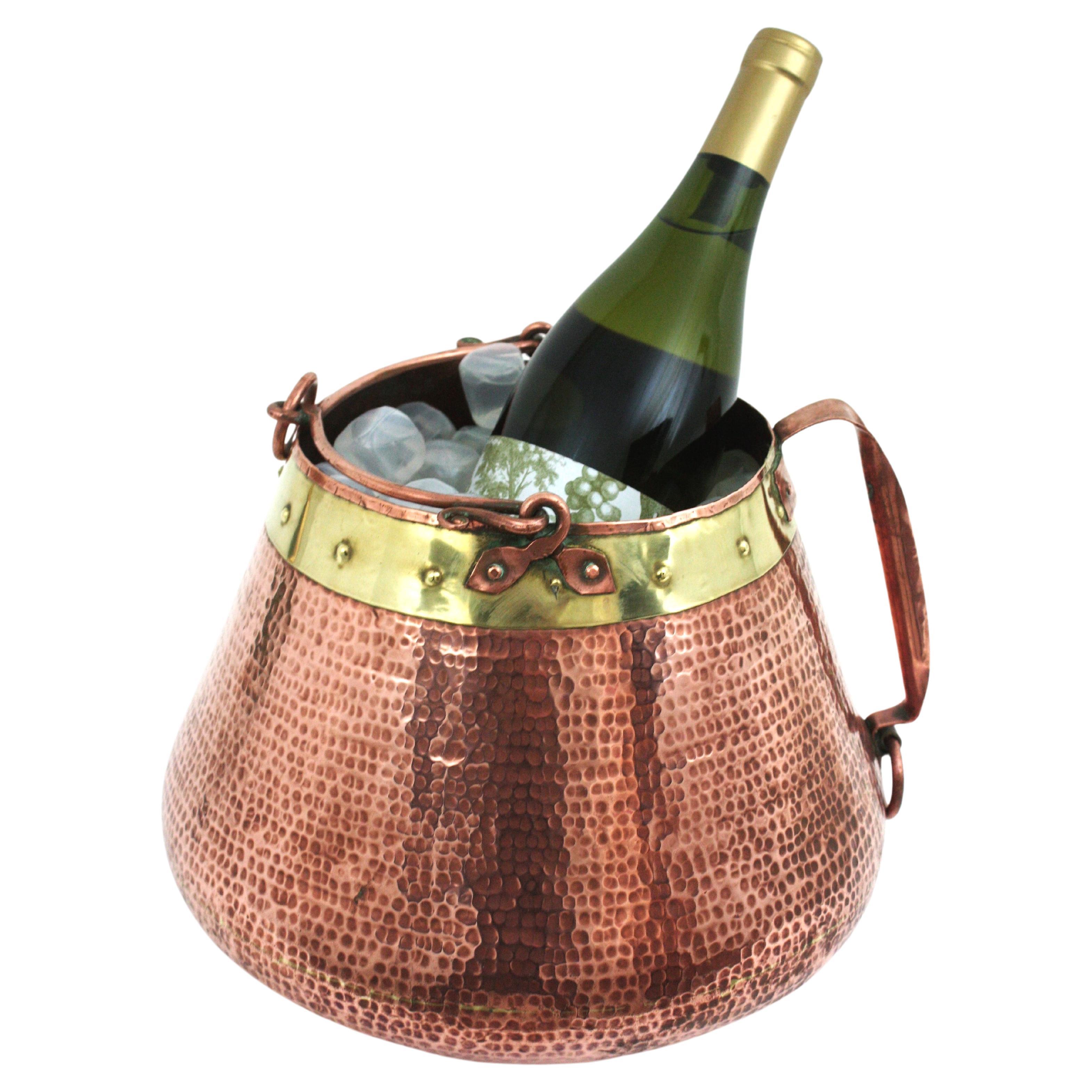 French Champagne Cooler Ice Bucket with Single Handle, Copper and Brass For Sale