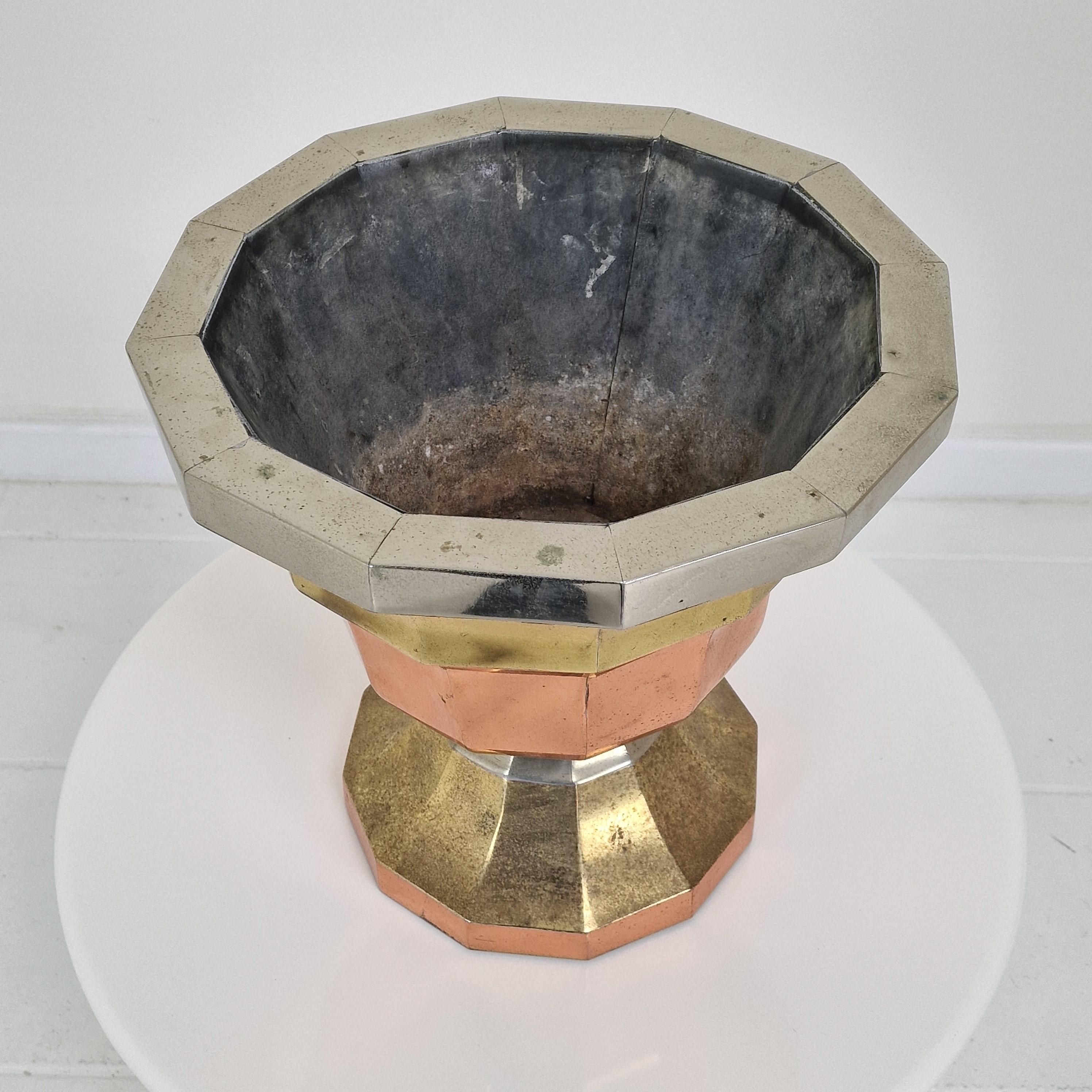 Champañera o Jardinera Francesa en Latón Cobre Pulido y Cromo, Años 70 finales del siglo XX en venta