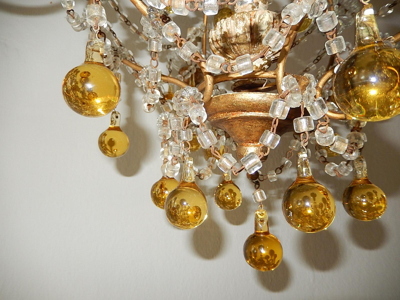 French Champagne Yellow Gold Murano Drops Crystal Prisms Chandelier circa 1920 For Sale 4