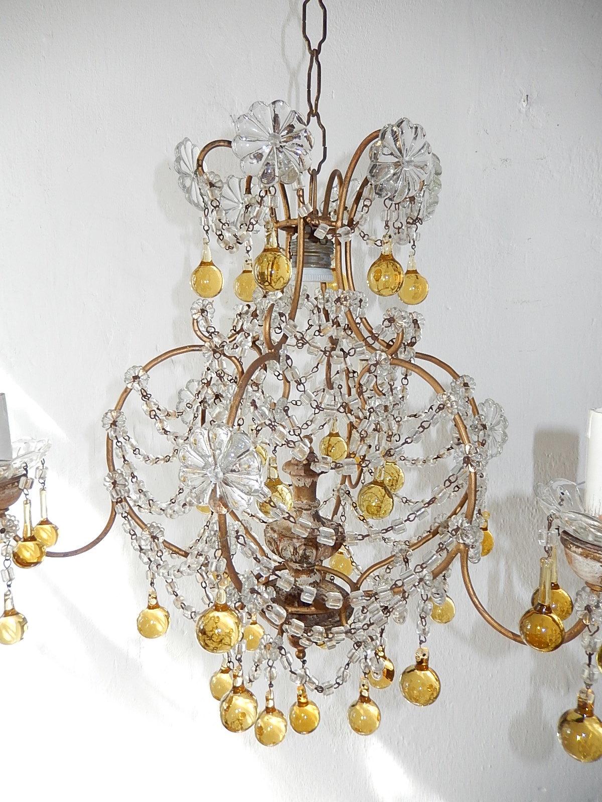 French Champagne Yellow Gold Murano Drops Crystal Prisms Chandelier circa 1920 For Sale 5