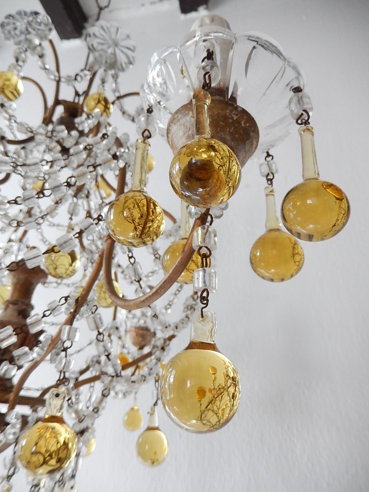 French Champagne Yellow Gold Murano Drops Crystal Prisms Chandelier circa 1920 For Sale 6