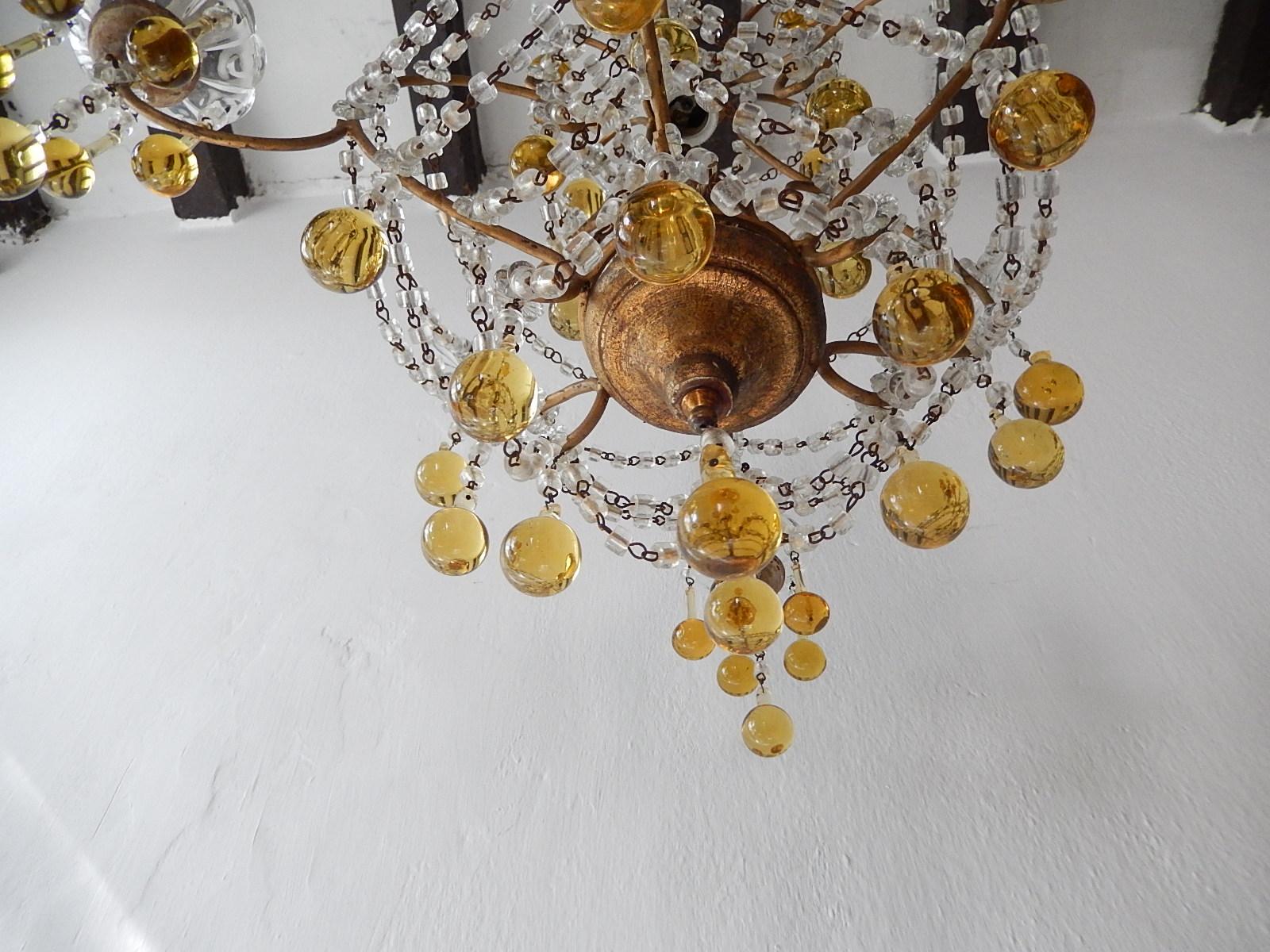 French Champagne Yellow Gold Murano Drops Crystal Prisms Chandelier circa 1920 For Sale 7