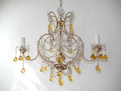 French Champagne Yellow Gold Murano Drops Crystal Prisms Chandelier circa 1920
