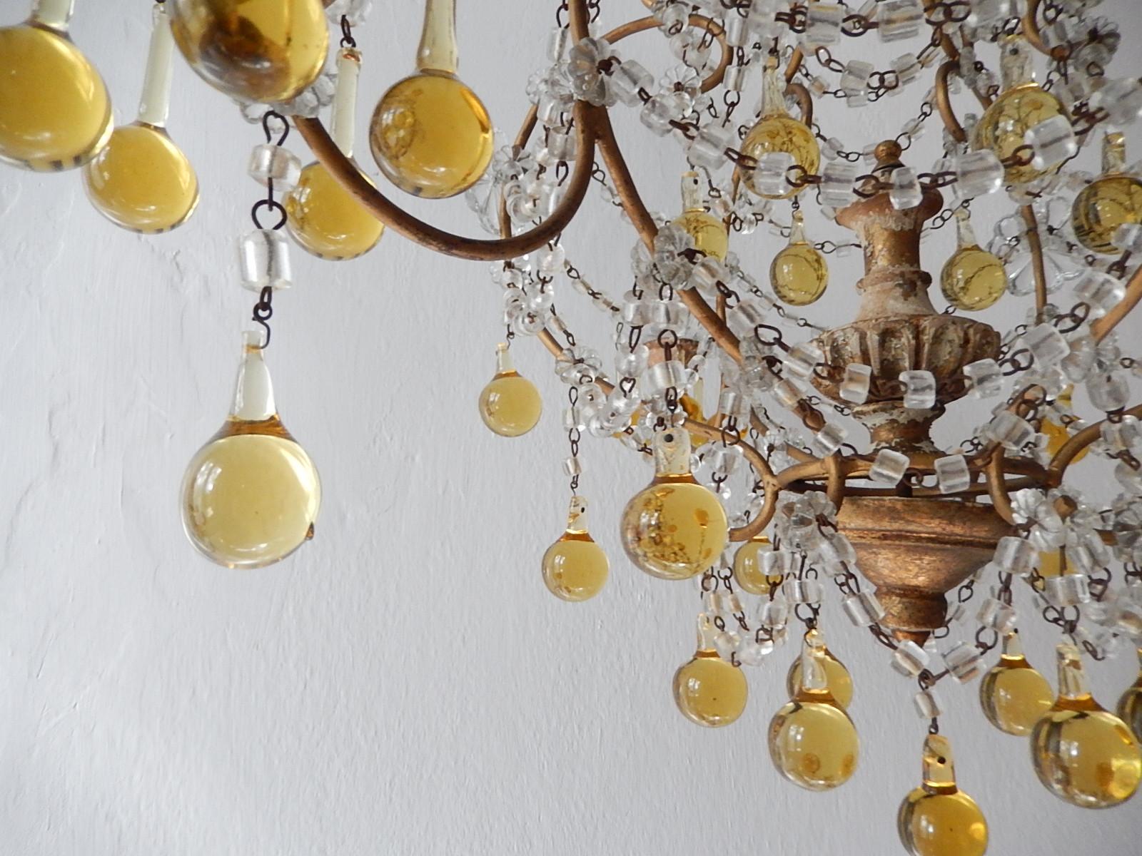 Baroque French Champagne Yellow Gold Murano Drops Crystal Prisms Chandelier circa 1920 For Sale