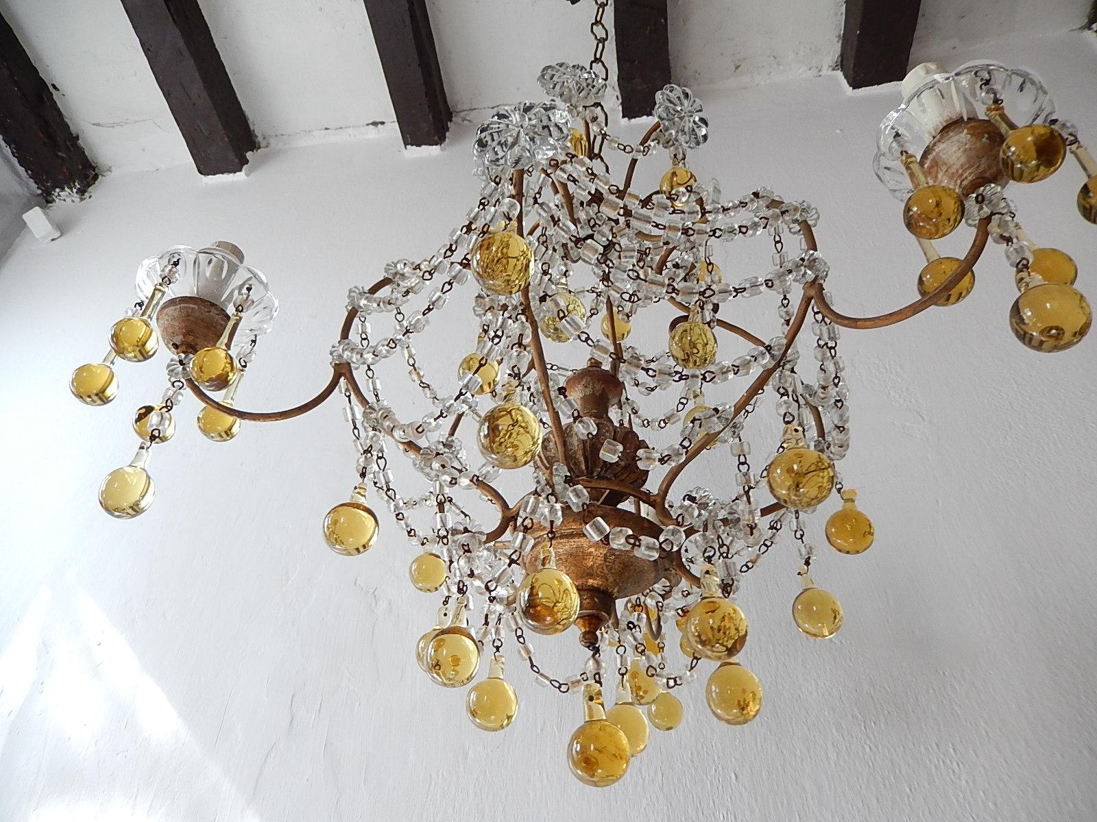 Giltwood French Champagne Yellow Gold Murano Drops Crystal Prisms Chandelier circa 1920 For Sale