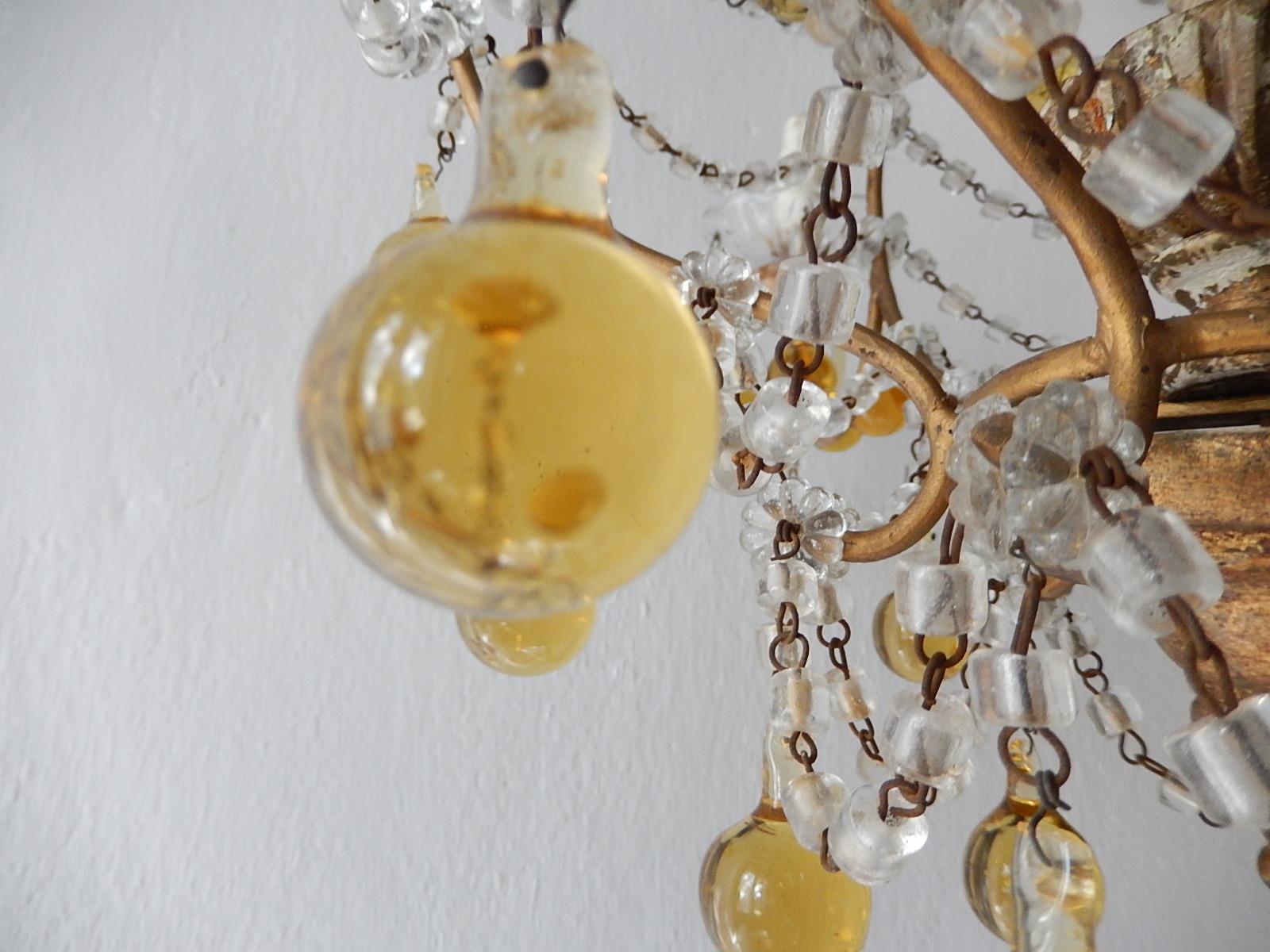 French Champagne Yellow Gold Murano Drops Crystal Prisms Chandelier circa 1920 For Sale 3
