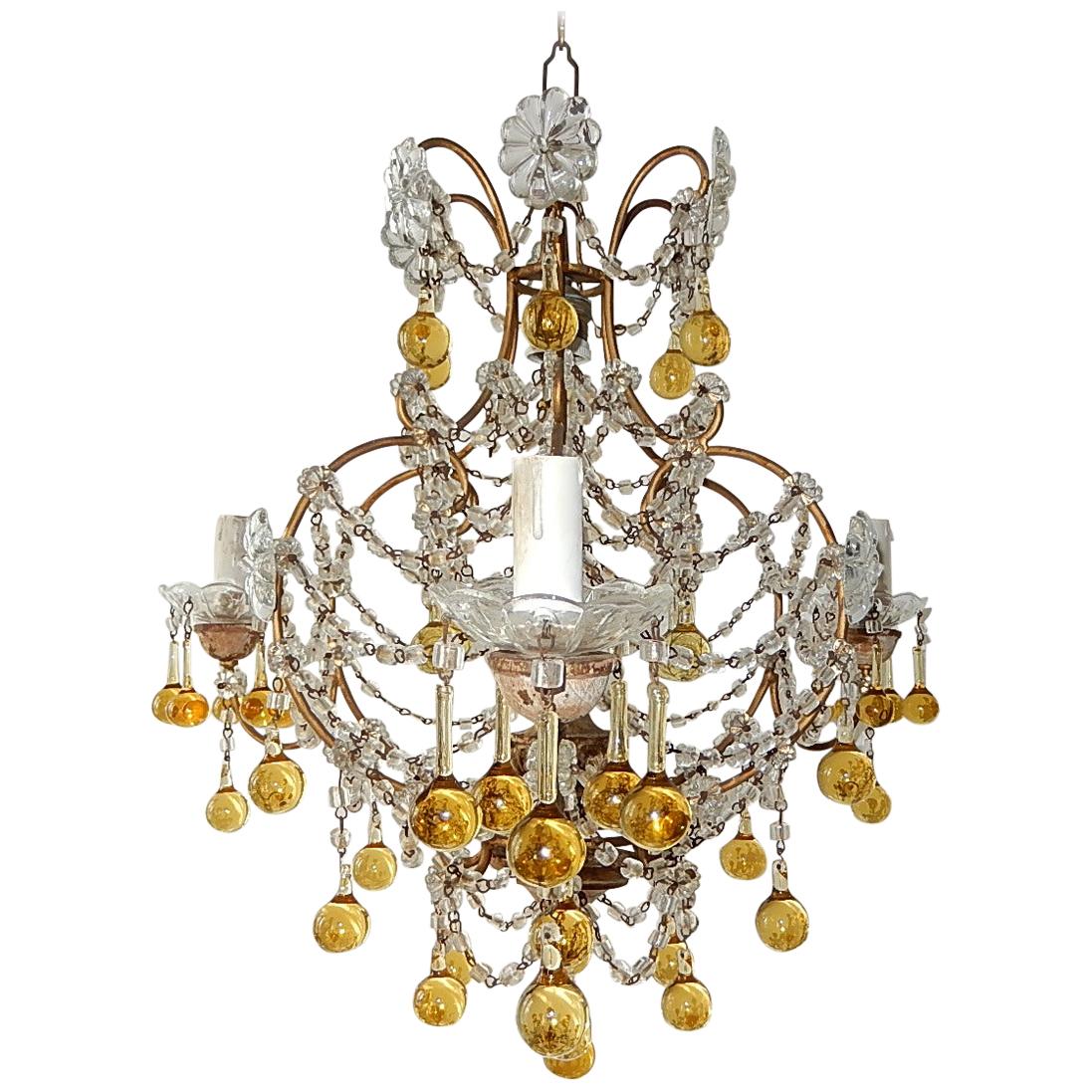 French Champagne Yellow Gold Murano Drops Crystal Prisms Chandelier circa 1920