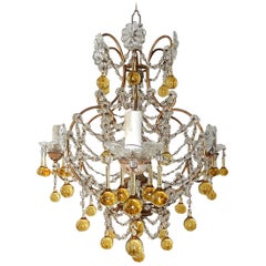 French Champagne Yellow Gold Murano Drops Crystal Prisms Chandelier circa 1920