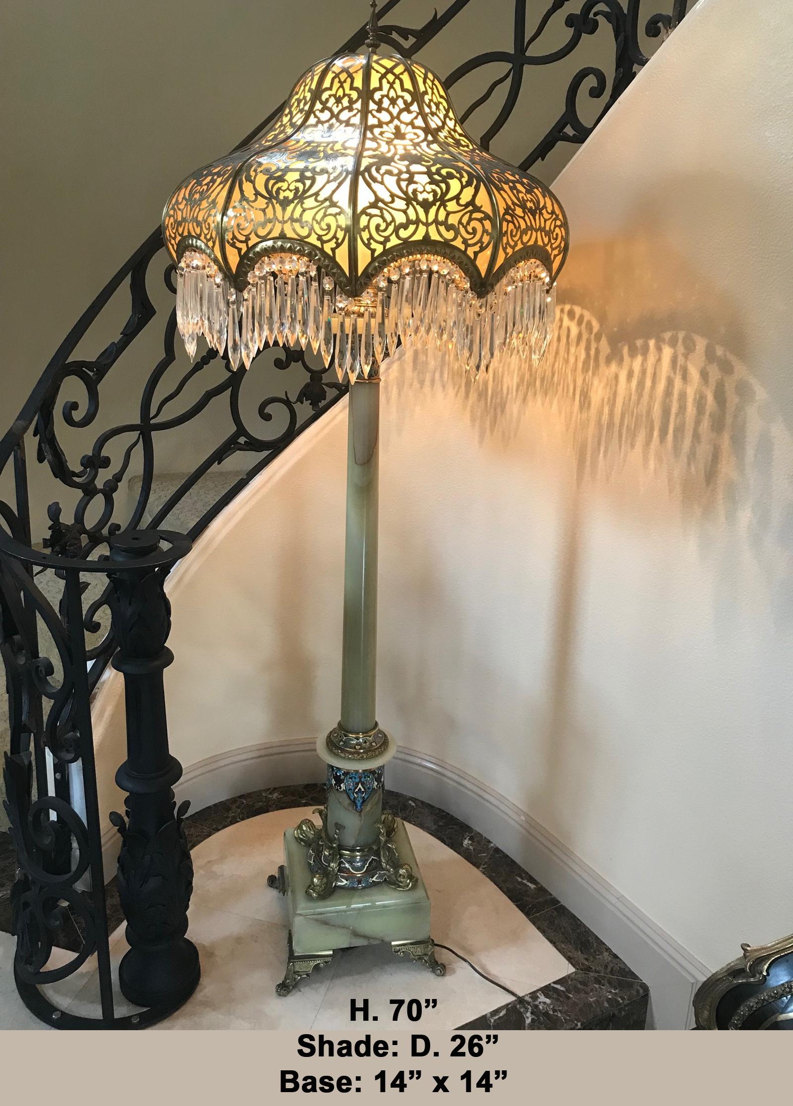 Spectacular 19th century French Champleve and onyx floor lamp. 
The exquisite two layer brass shade of Mediterranean influence is finely reticulated and engraved with patterned fretwork of scrollwork and foliage, trimmed with hanging cut crystal