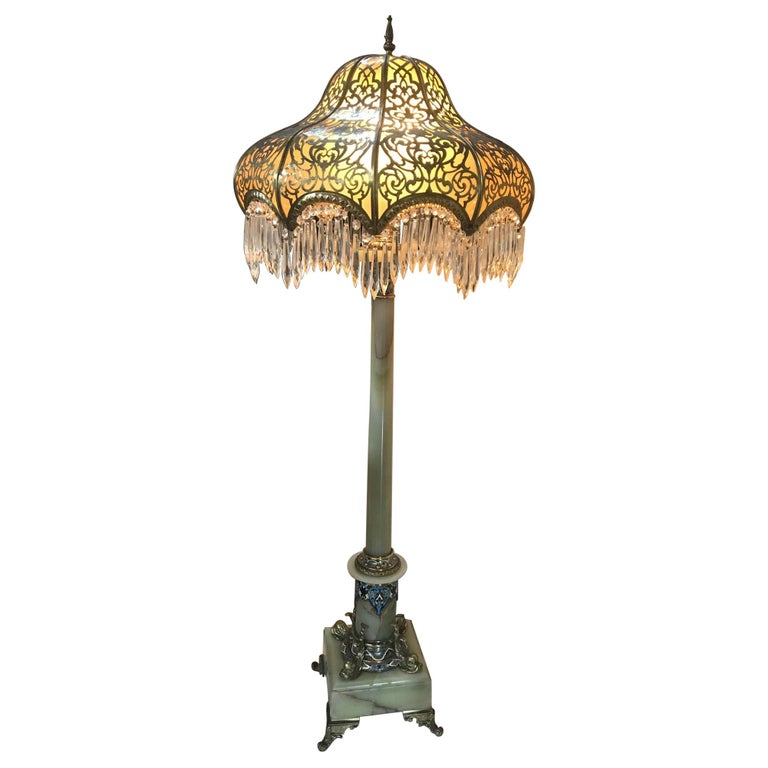 French Champleve And Onyx Bronze Floor, 4 Ft Floor Lamp