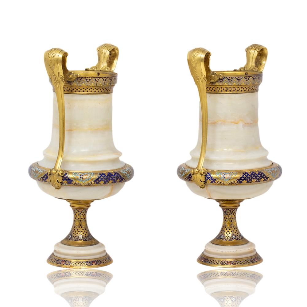 French Champleve and Onyx Urns Barbedienne For Sale 4