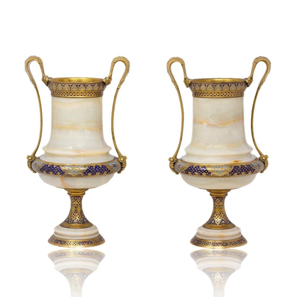 Champlevé French Champleve and Onyx Urns Barbedienne For Sale