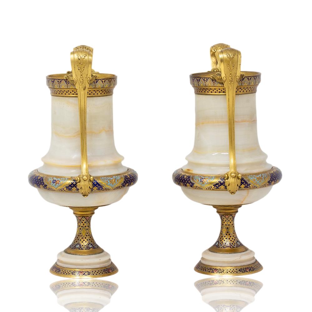19th Century French Champleve and Onyx Urns Barbedienne For Sale