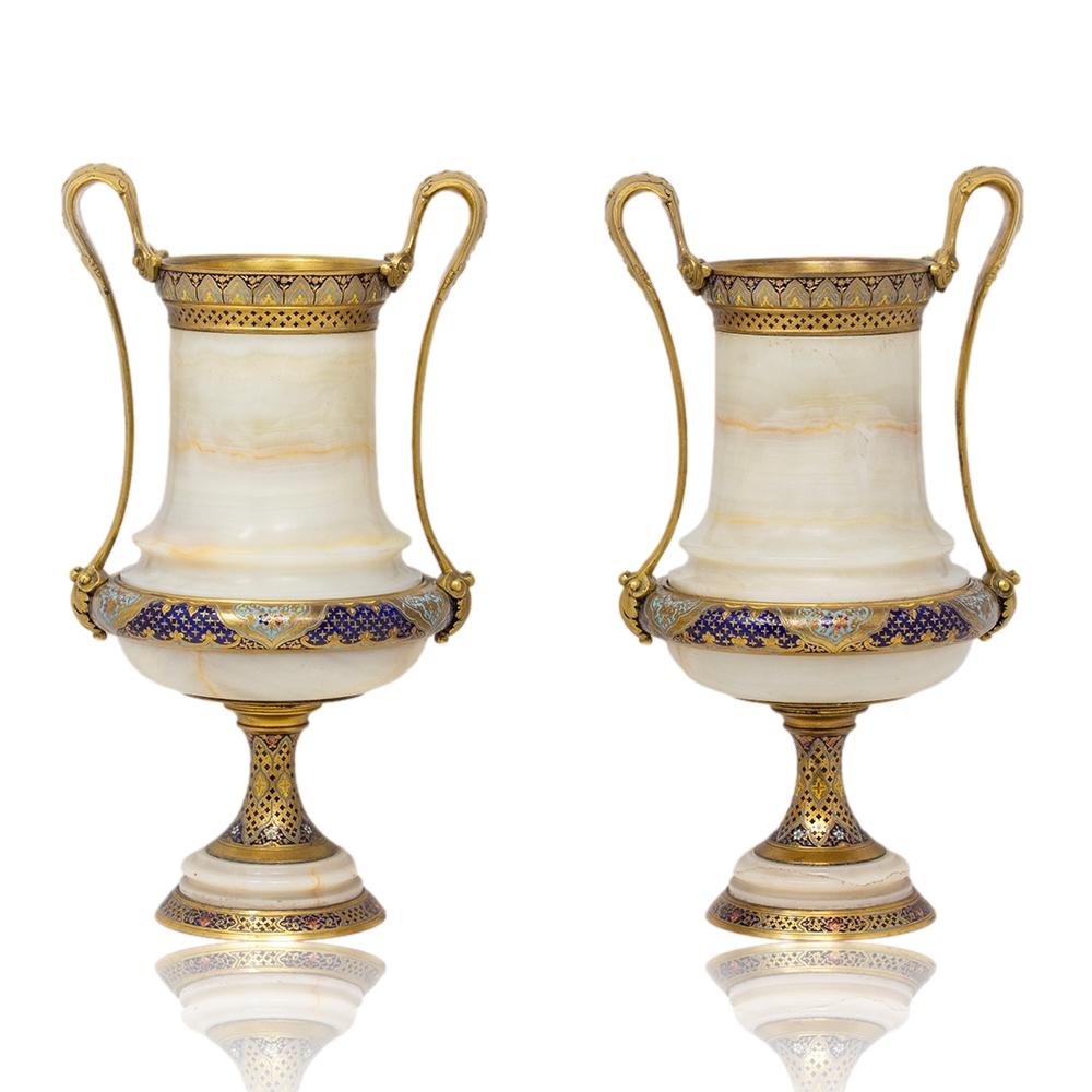 French Champleve and Onyx Urns Barbedienne For Sale 1