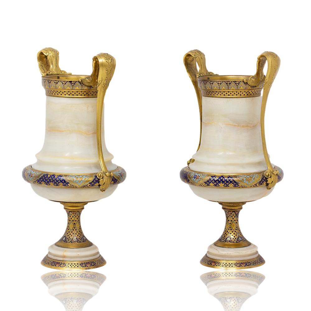 French Champleve and Onyx Urns Barbedienne For Sale 2