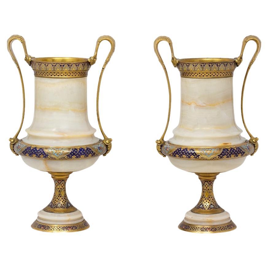 French Champleve and Onyx Urns Barbedienne For Sale