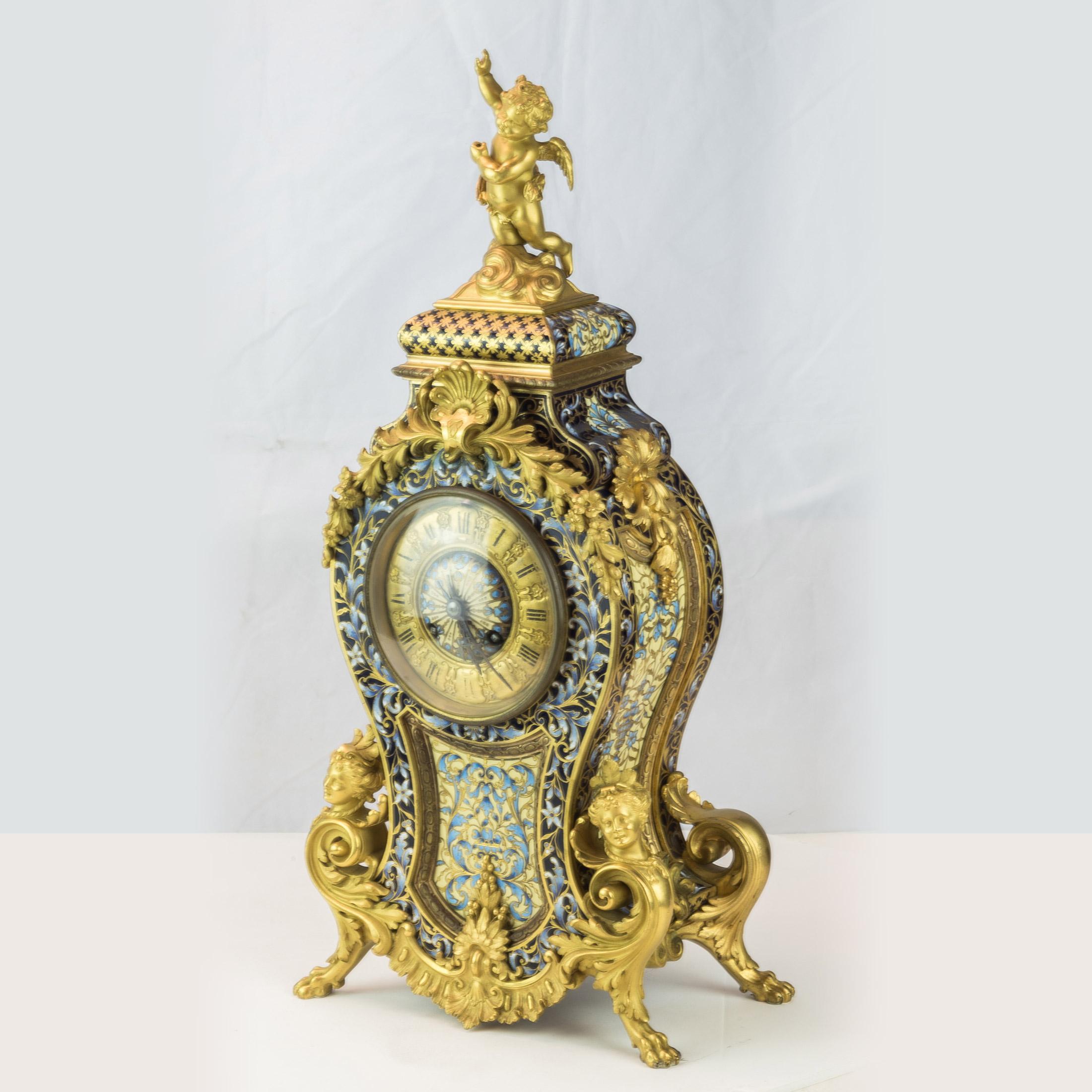 French Champlevé and Ormolu Figural Mantle Clock In Good Condition In New York, NY