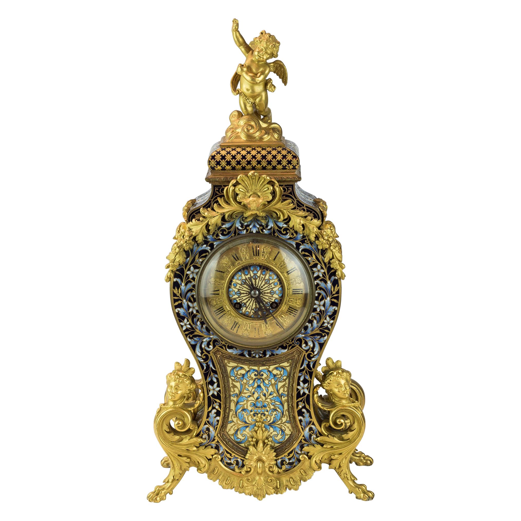 French Champlevé and Ormolu Figural Mantle Clock