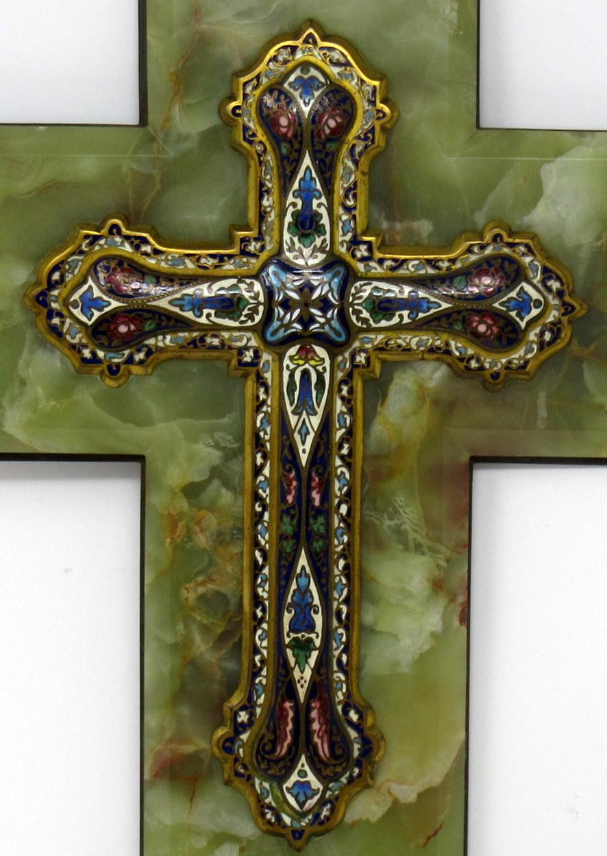 Superb French champlevé enamel and alabaster benitier crucifix holy water wall font of outstanding quality, circa last quarter of the 19th century.

This exceptional item is superbly mounted on bronze complete with original hanging loop and hinged