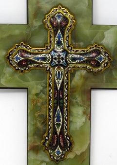 French Champlevé Enamel and Alabaster Benitier Crucifix Holy Water Wall Font