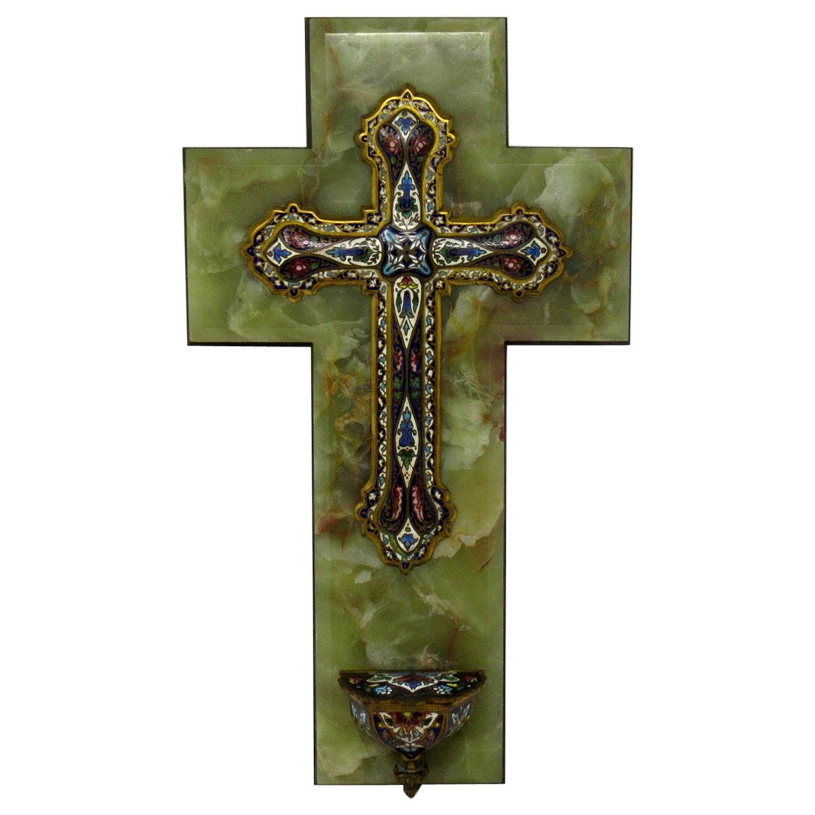 French Champlevé Enamel and Alabaster Benitier Crucifix Holy Water Wall Font