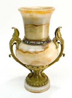 French Champleve Enamel and Beige Onyx Stone Bronze Mounted Urn, 19th Century