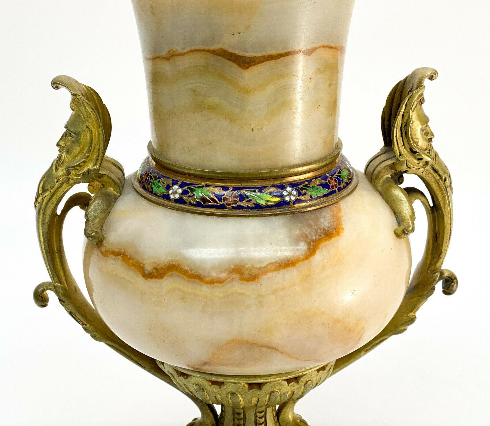Bronzed French Champleve Enamel and Beige Onyx Stone Bronze Mounted Urn, 19th Century For Sale