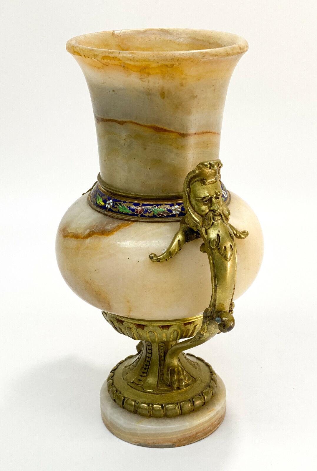 French Champleve Enamel and Beige Onyx Stone Bronze Mounted Urn, 19th Century In Good Condition For Sale In Gardena, CA