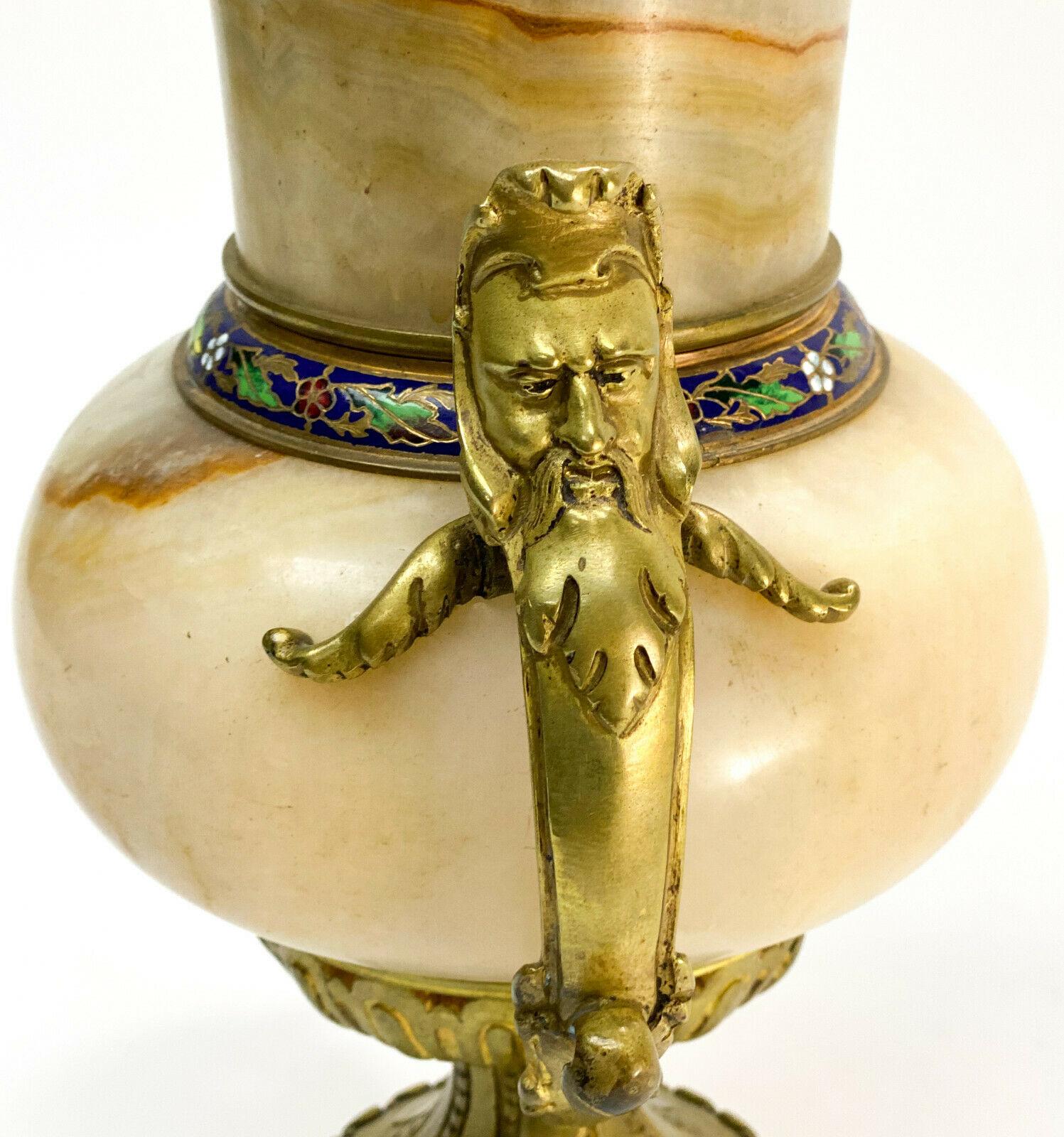 French Champleve Enamel and Beige Onyx Stone Bronze Mounted Urn, 19th Century For Sale 1